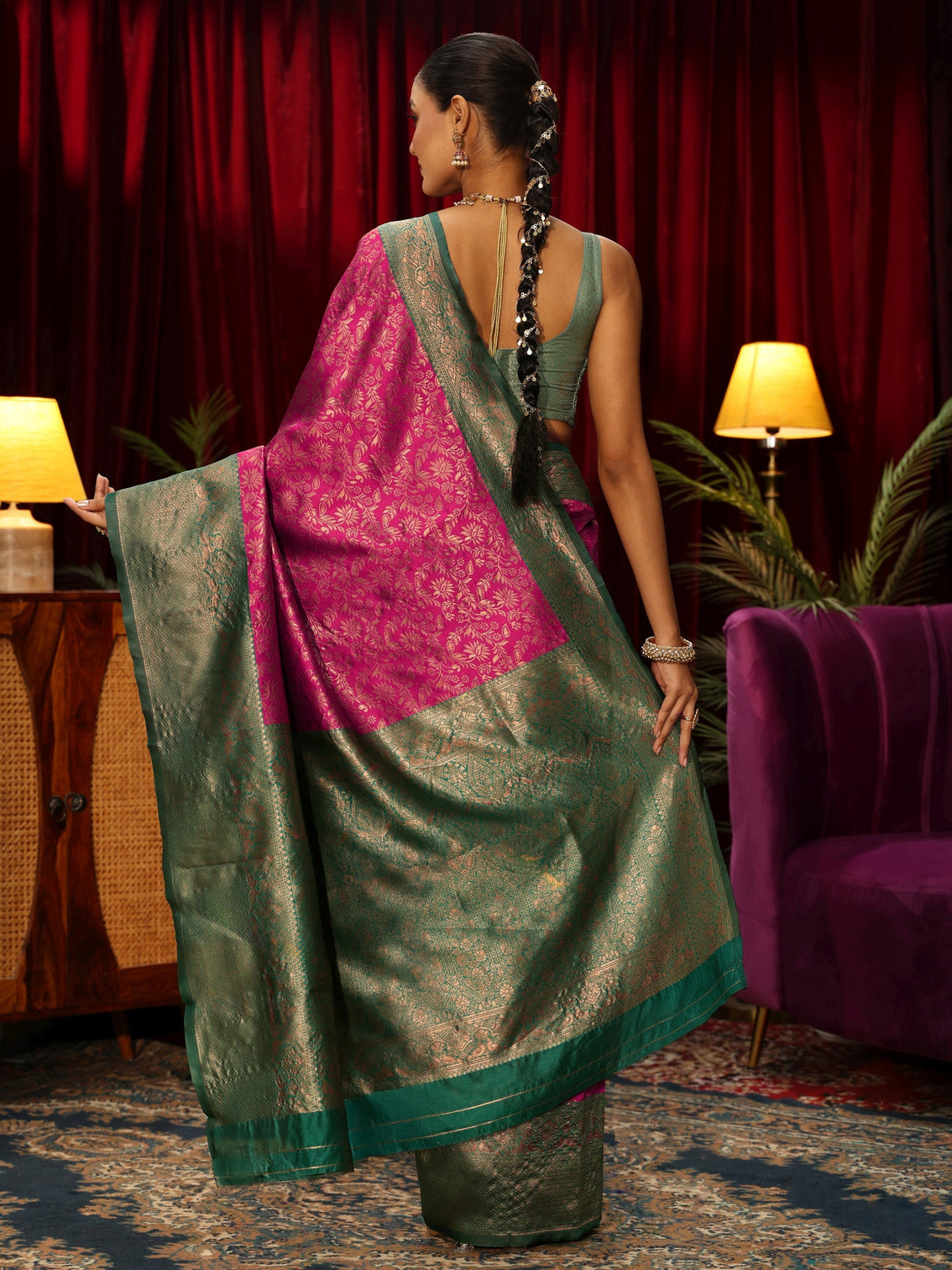 Mameraa Magenta Pink Floral Woven Design Silk Blend Saree