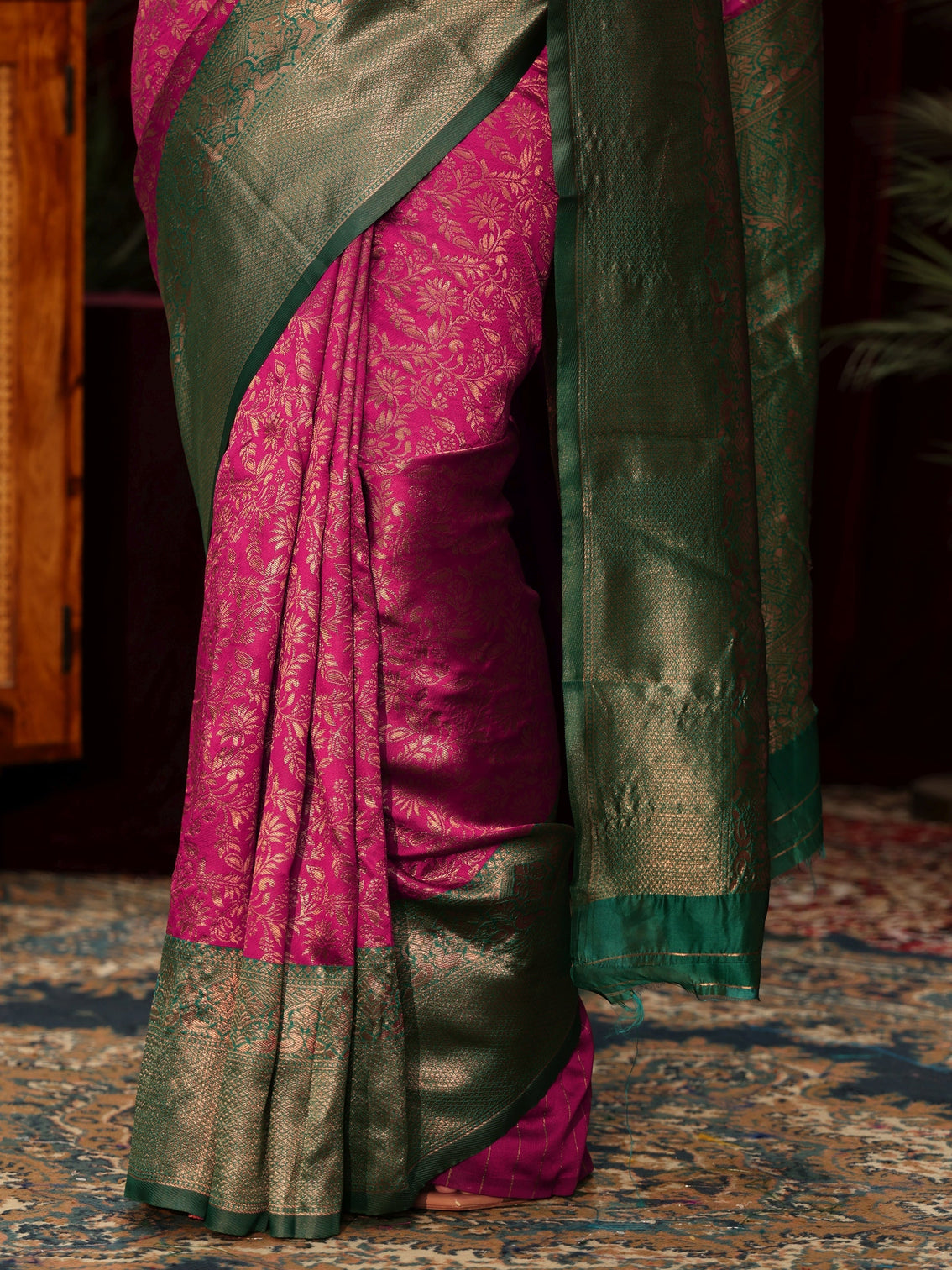 Mameraa Magenta Pink Floral Woven Design Silk Blend Saree