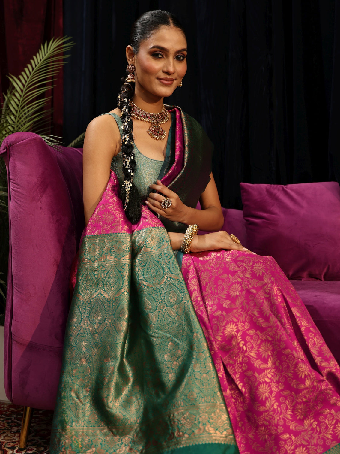 Mameraa Magenta Pink Floral Woven Design Silk Blend Saree