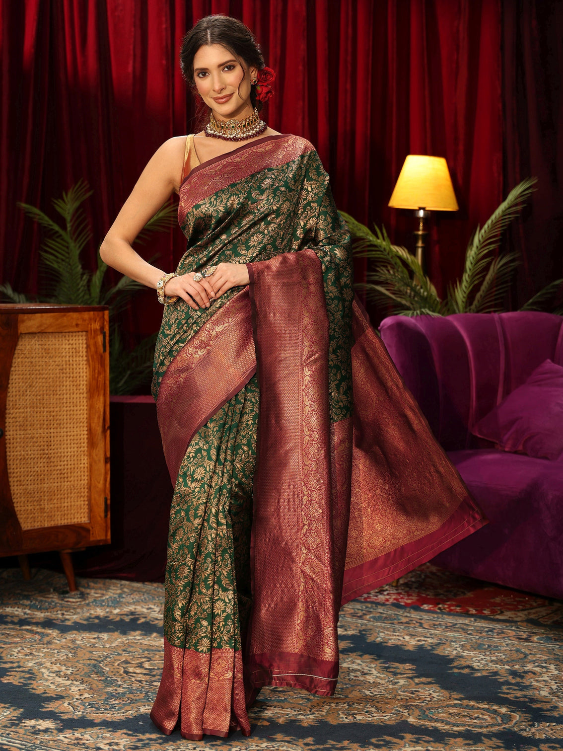 Mameraa Bottle Green Floral Woven Design Silk Blend Saree