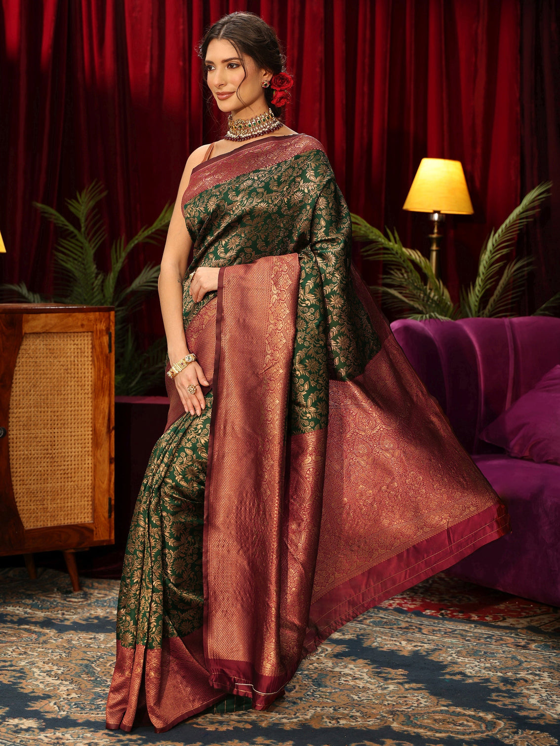 Mameraa Bottle Green Floral Woven Design Silk Blend Saree
