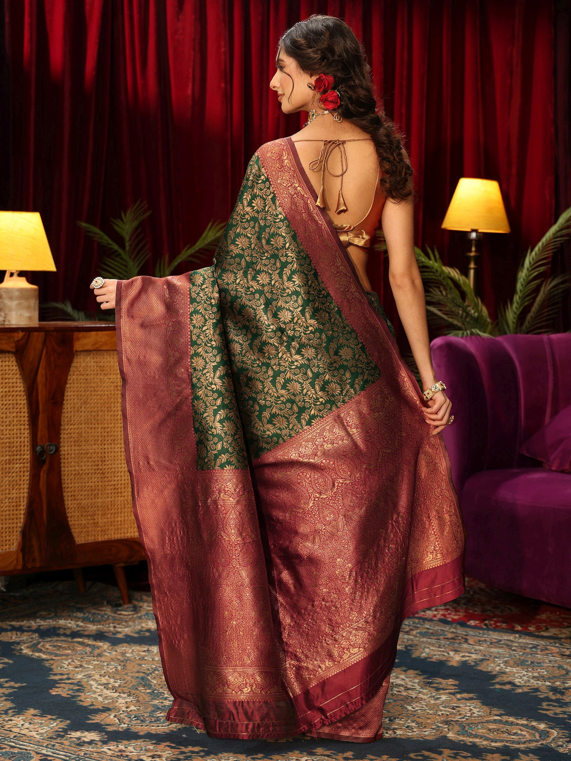 Mameraa Bottle Green Floral Woven Design Silk Blend Saree