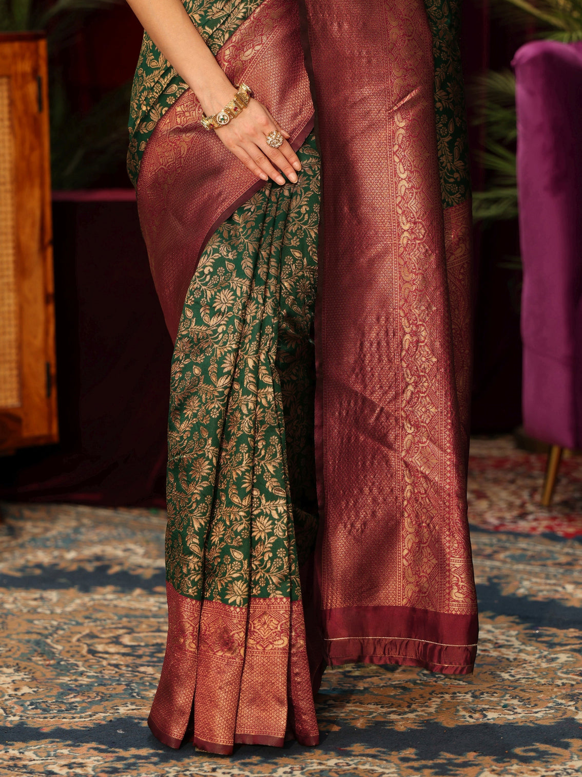 Mameraa Bottle Green Floral Woven Design Silk Blend Saree