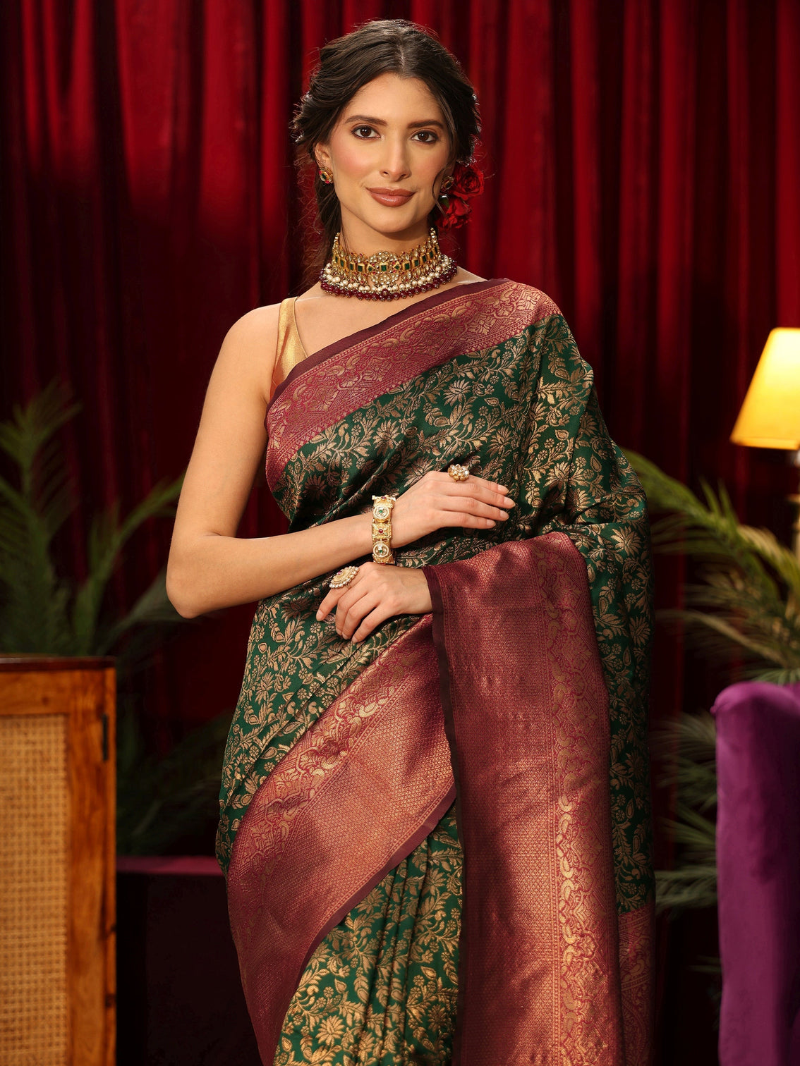 Mameraa Bottle Green Floral Woven Design Silk Blend Saree