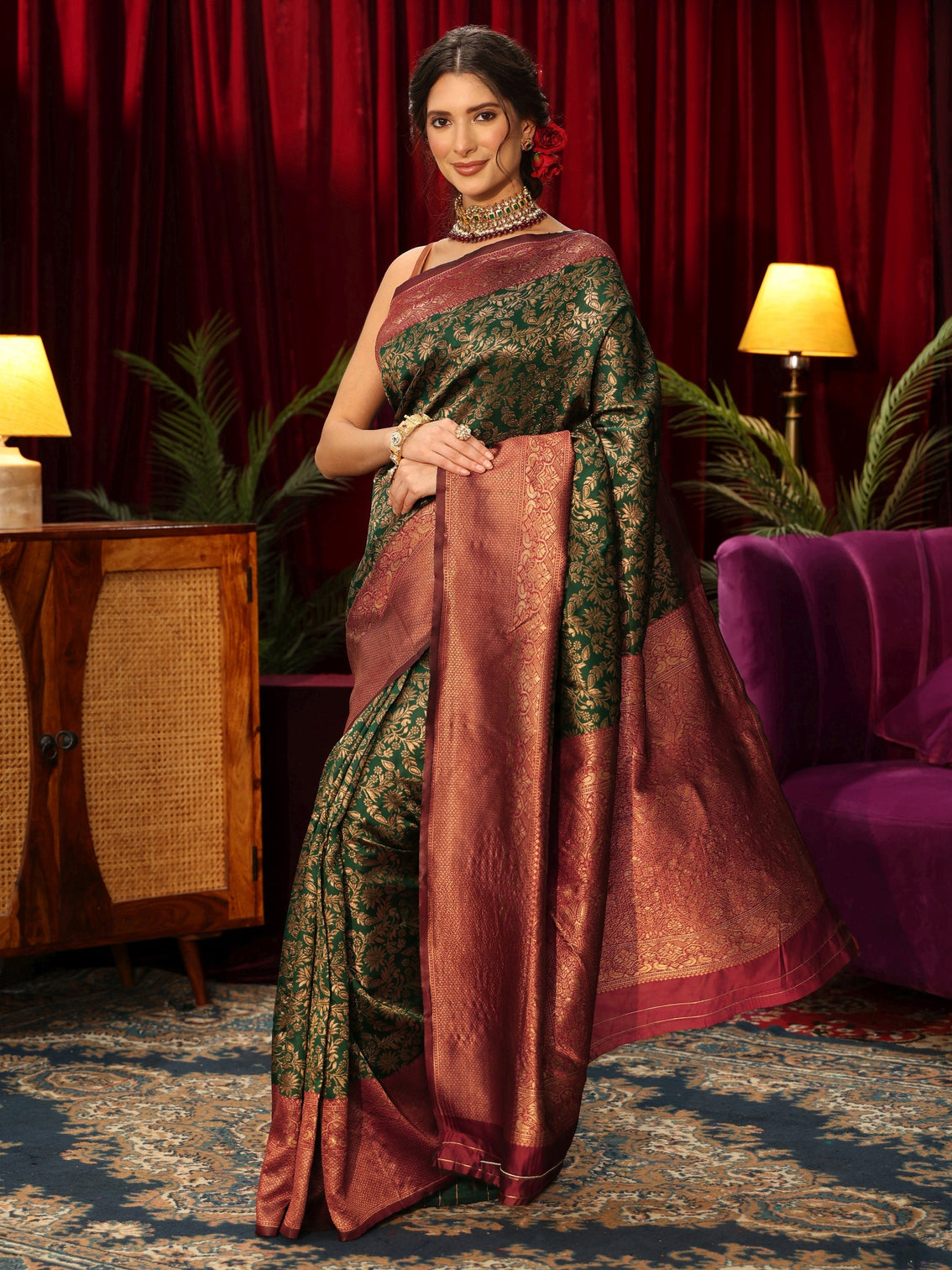 Mameraa Bottle Green Floral Woven Design Silk Blend Saree