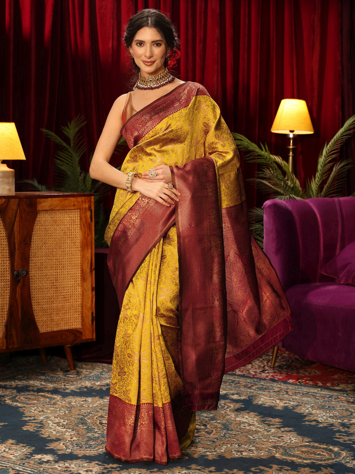 Mameraa Mustard Floral Woven Design Silk Blend Saree