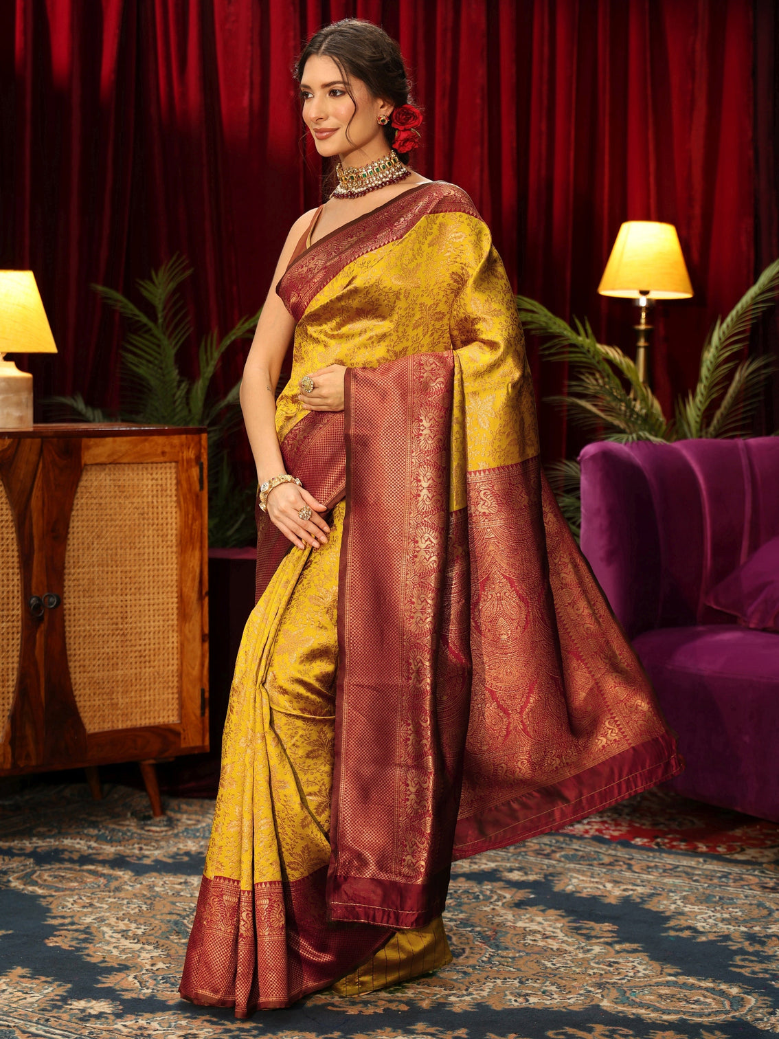Mameraa Mustard Floral Woven Design Silk Blend Saree