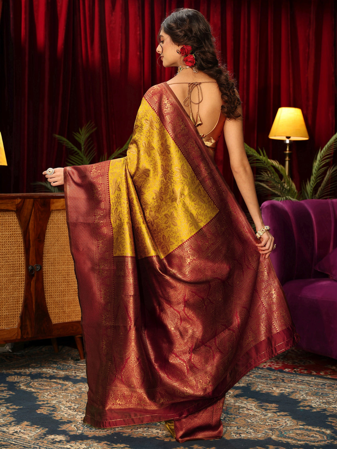 Mameraa Mustard Floral Woven Design Silk Blend Saree