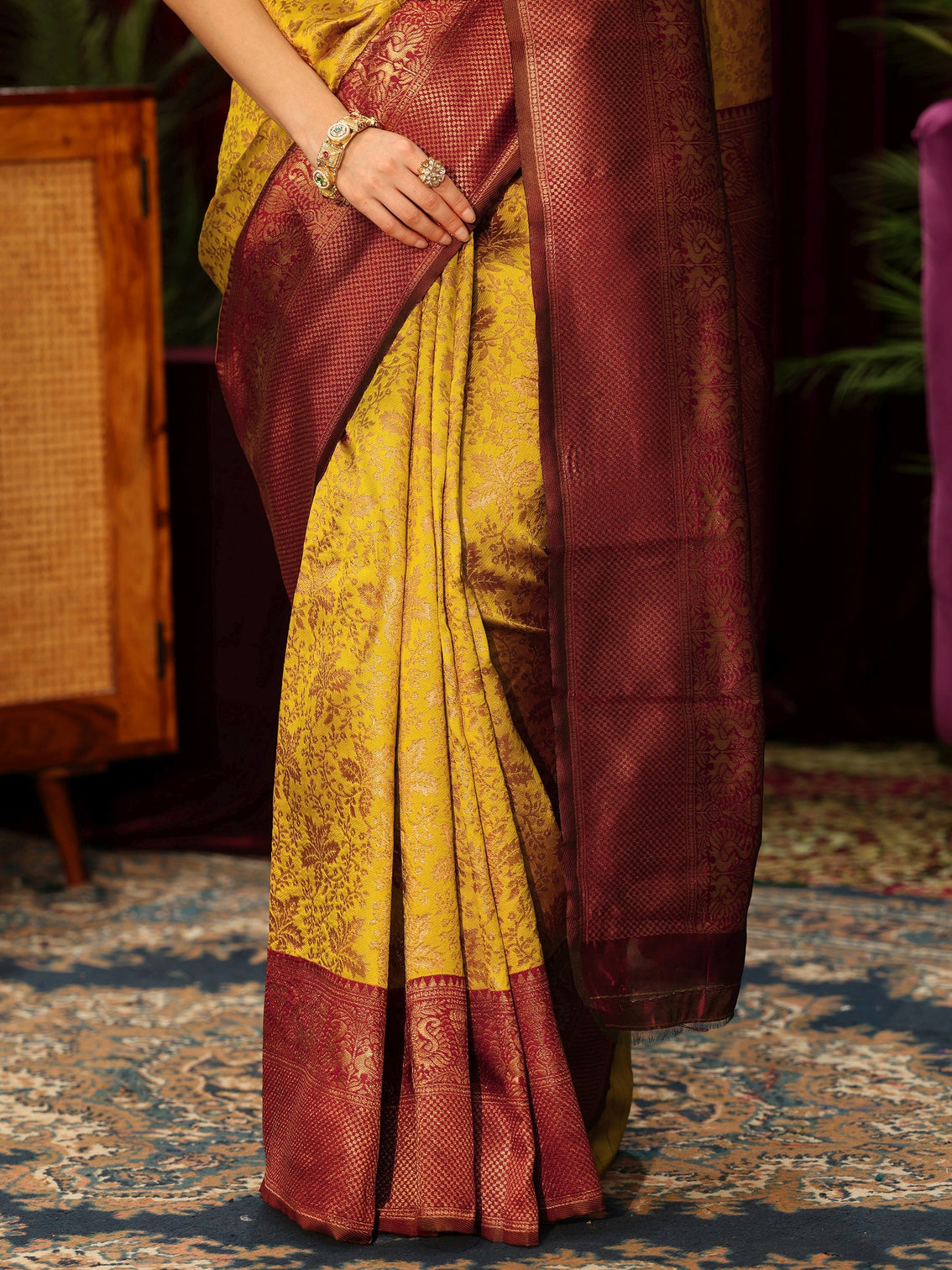 Mameraa Mustard Floral Woven Design Silk Blend Saree
