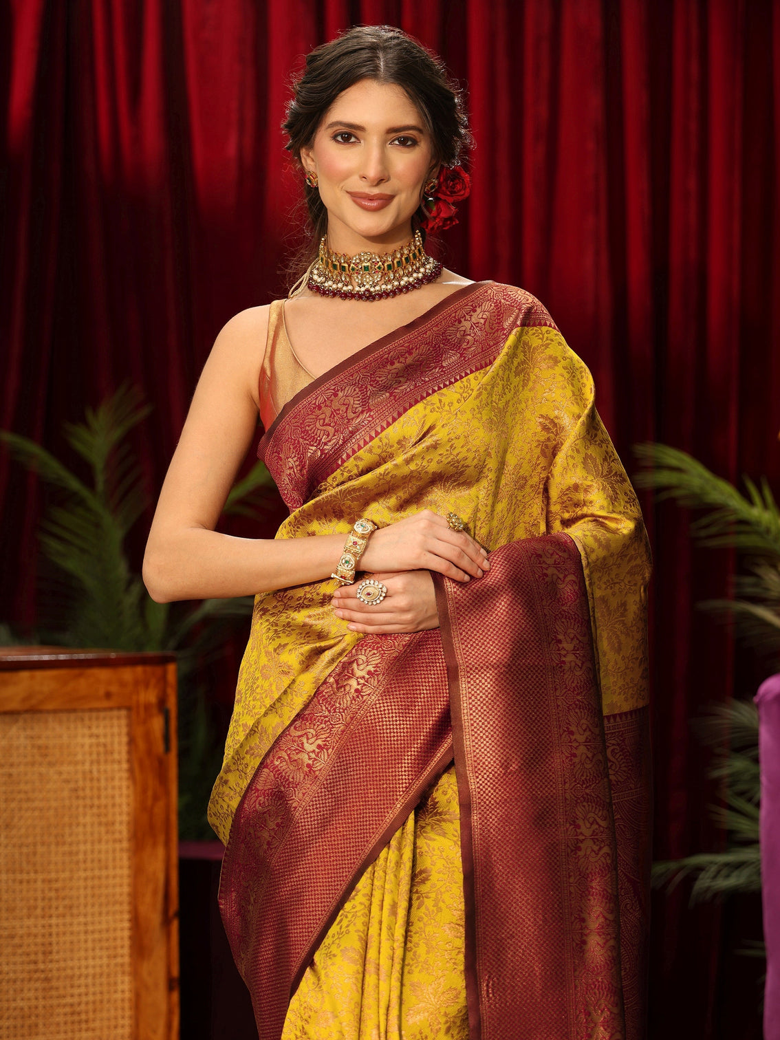 Mameraa Mustard Floral Woven Design Silk Blend Saree