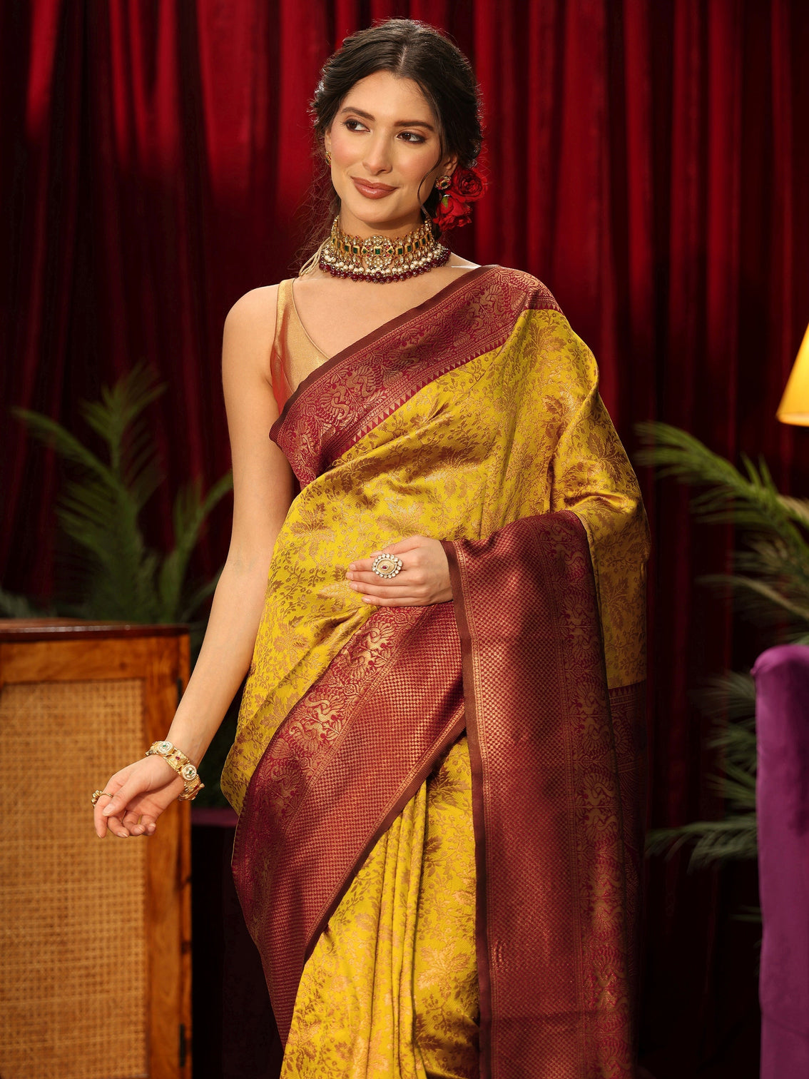 Mameraa Mustard Floral Woven Design Silk Blend Saree