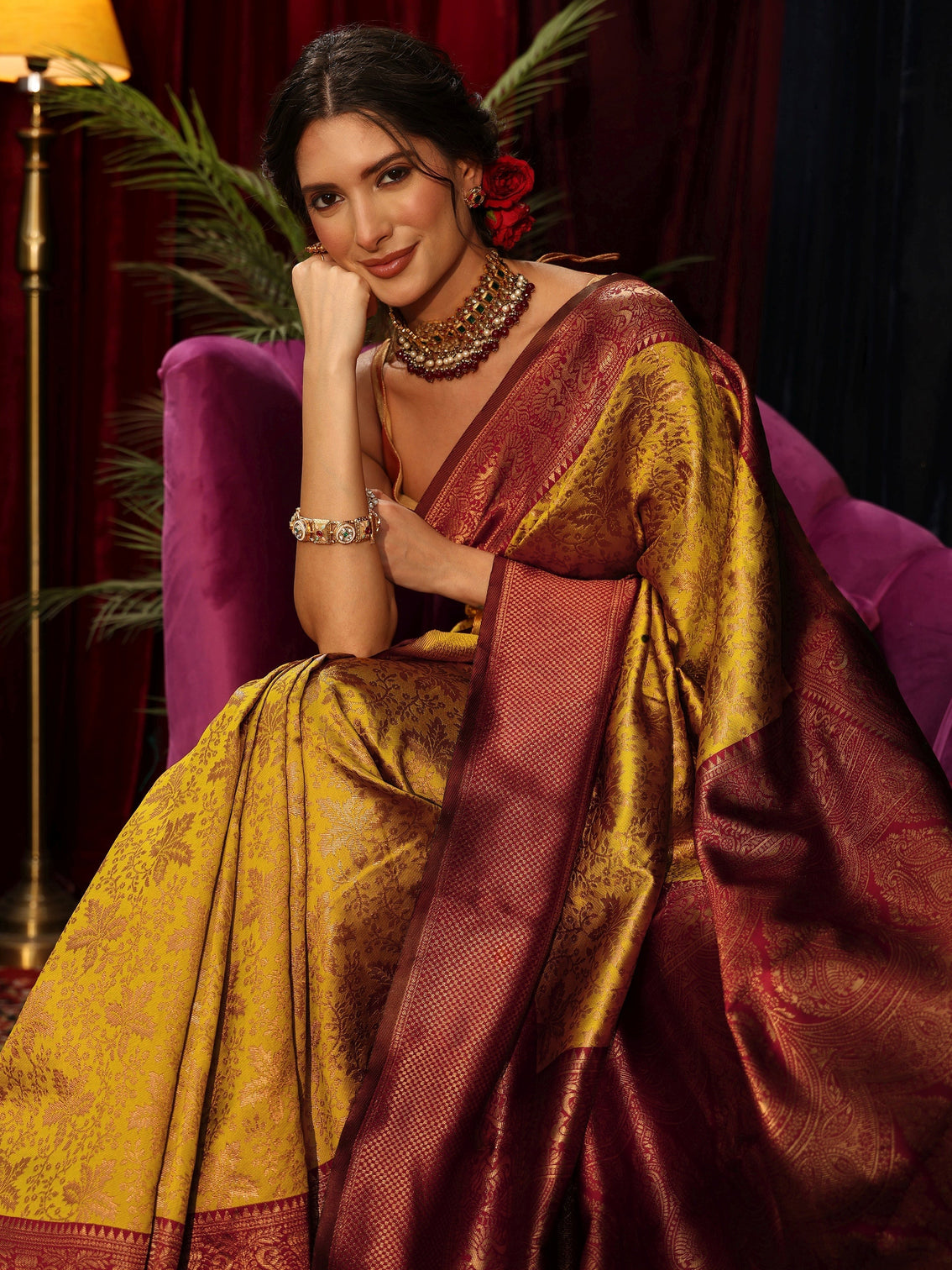 Mameraa Mustard Floral Woven Design Silk Blend Saree