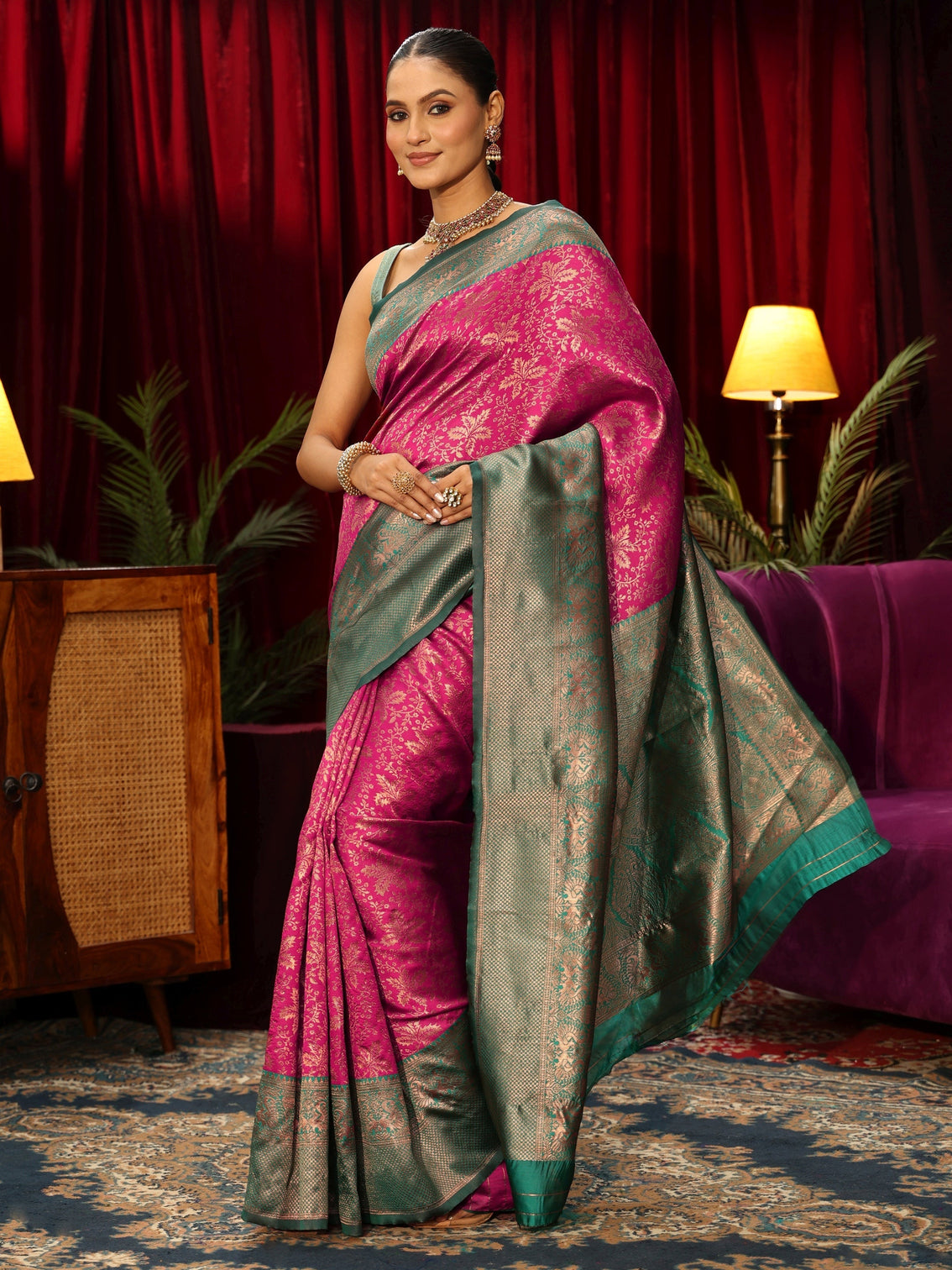 Mameraa Magenta Pink Floral Woven Design Silk Blend Saree