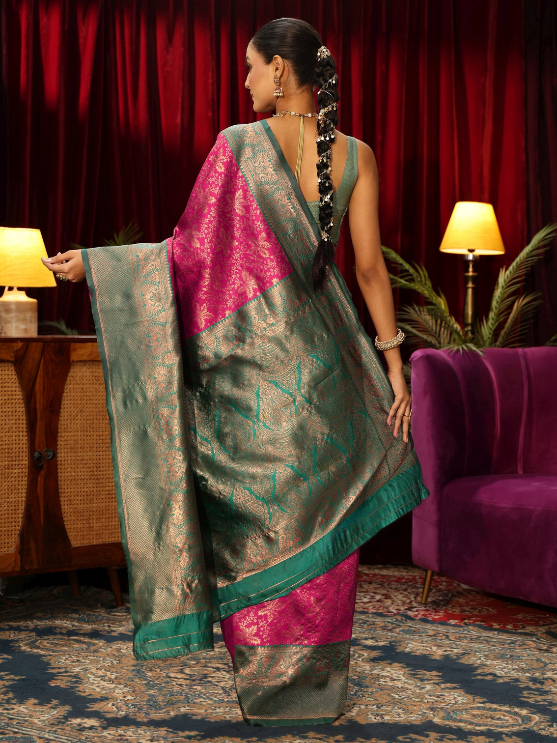 Mameraa Magenta Pink Floral Woven Design Silk Blend Saree