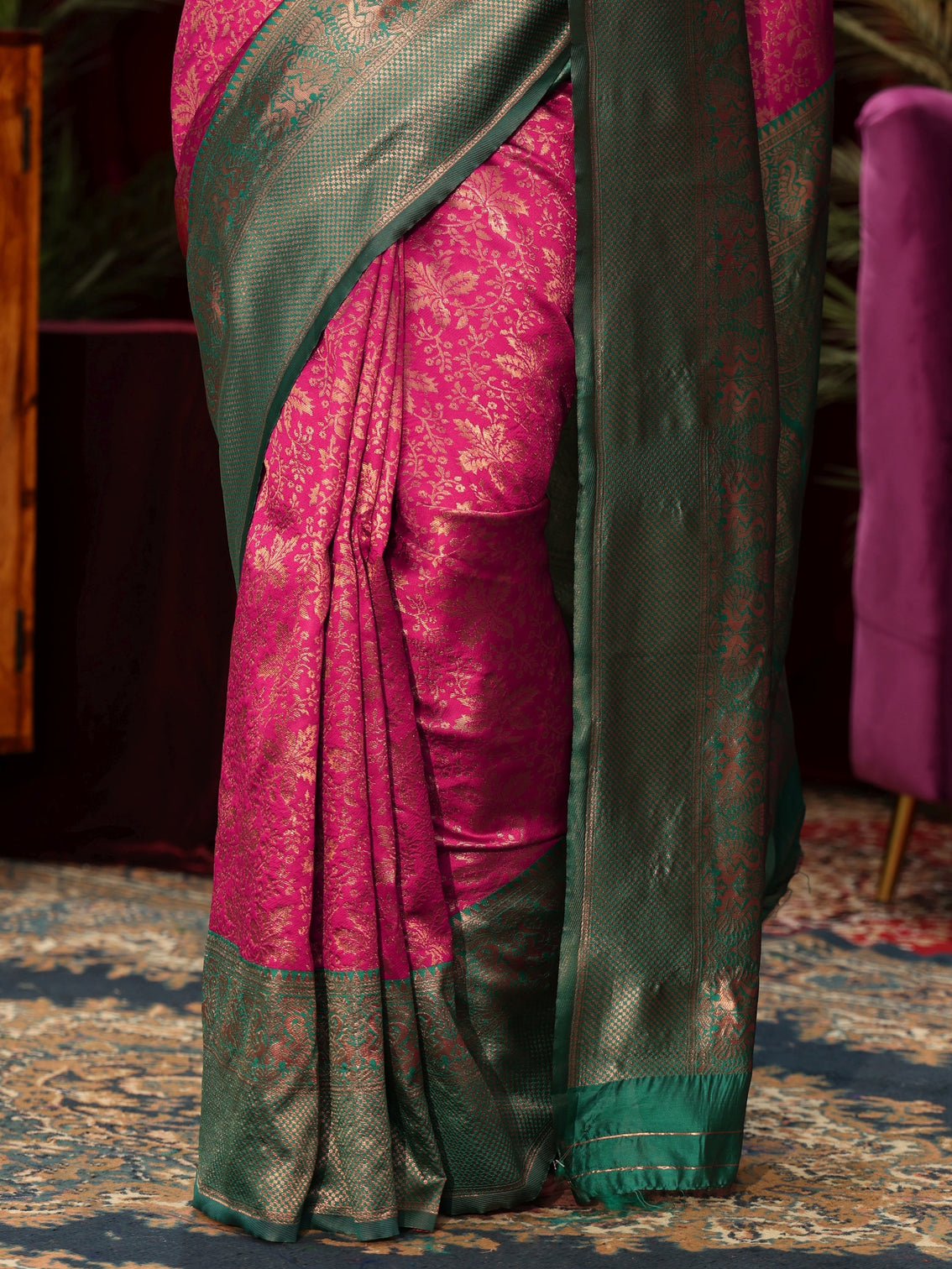 Mameraa Magenta Pink Floral Woven Design Silk Blend Saree