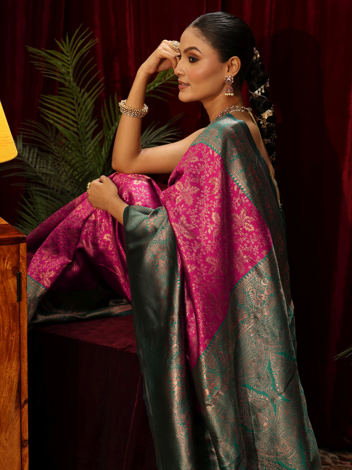 Mameraa Magenta Pink Floral Woven Design Silk Blend Saree