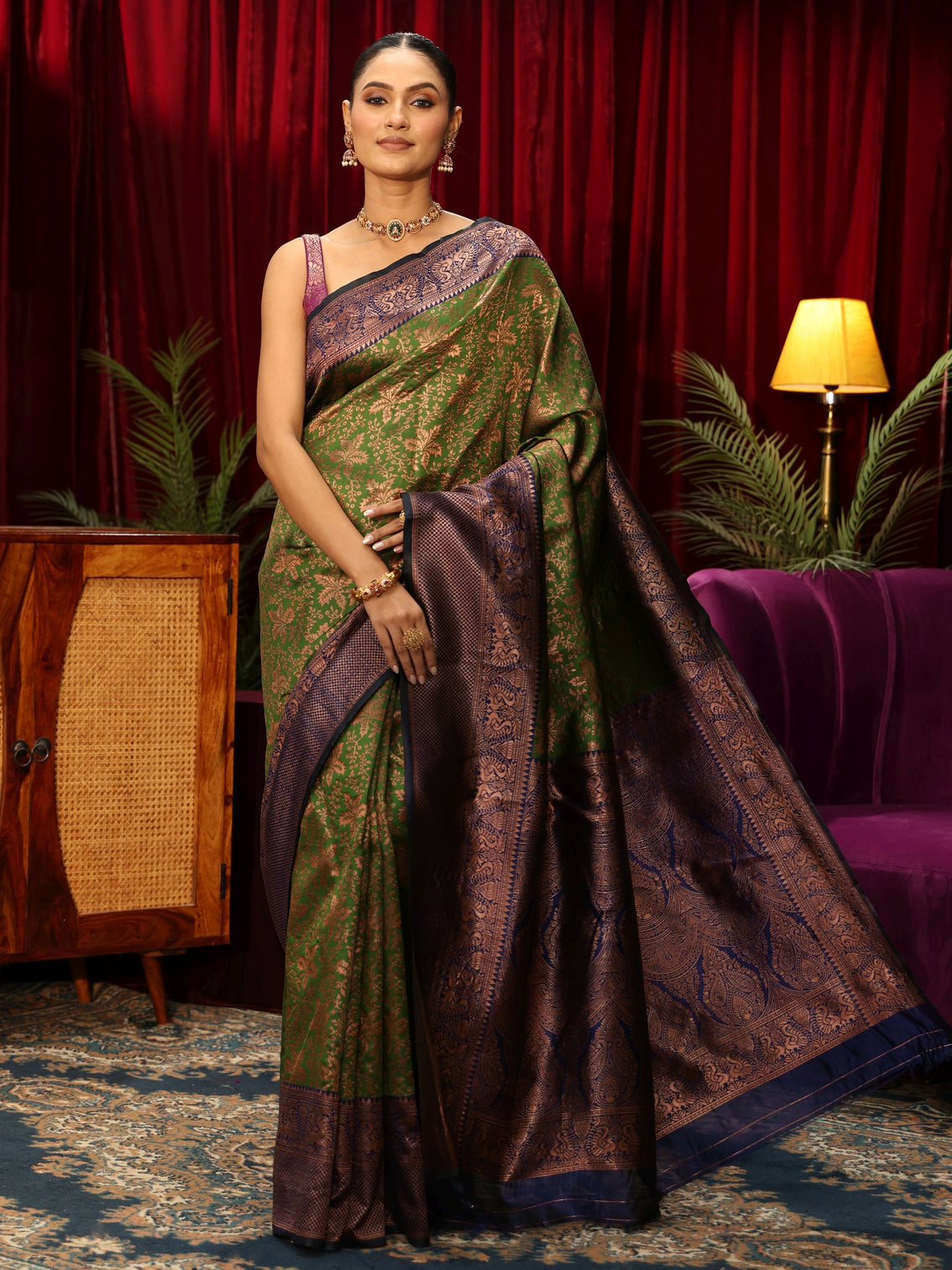 Mameraa Henna Green Floral Woven Design Silk Blend Saree