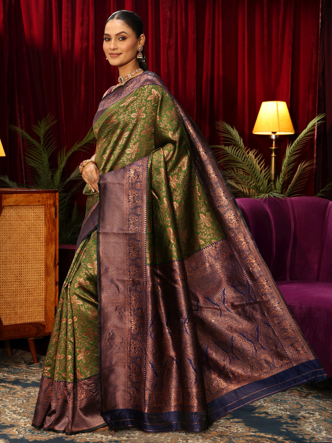 Mameraa Henna Green Floral Woven Design Silk Blend Saree