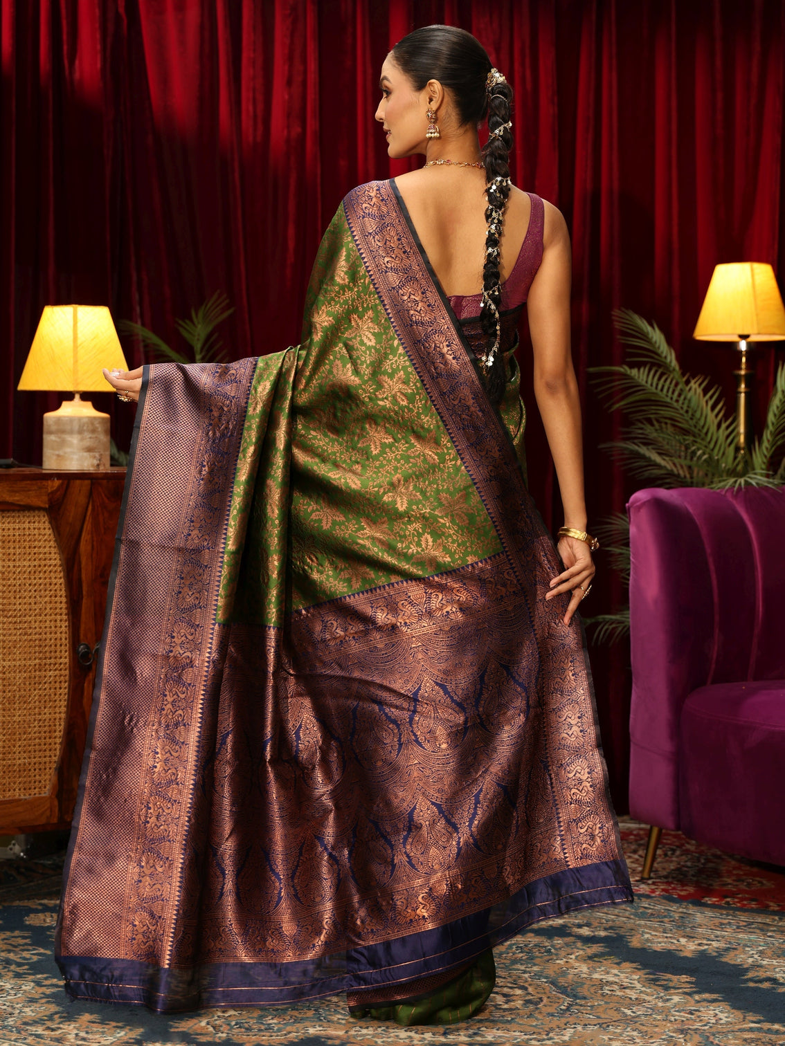 Mameraa Henna Green Floral Woven Design Silk Blend Saree