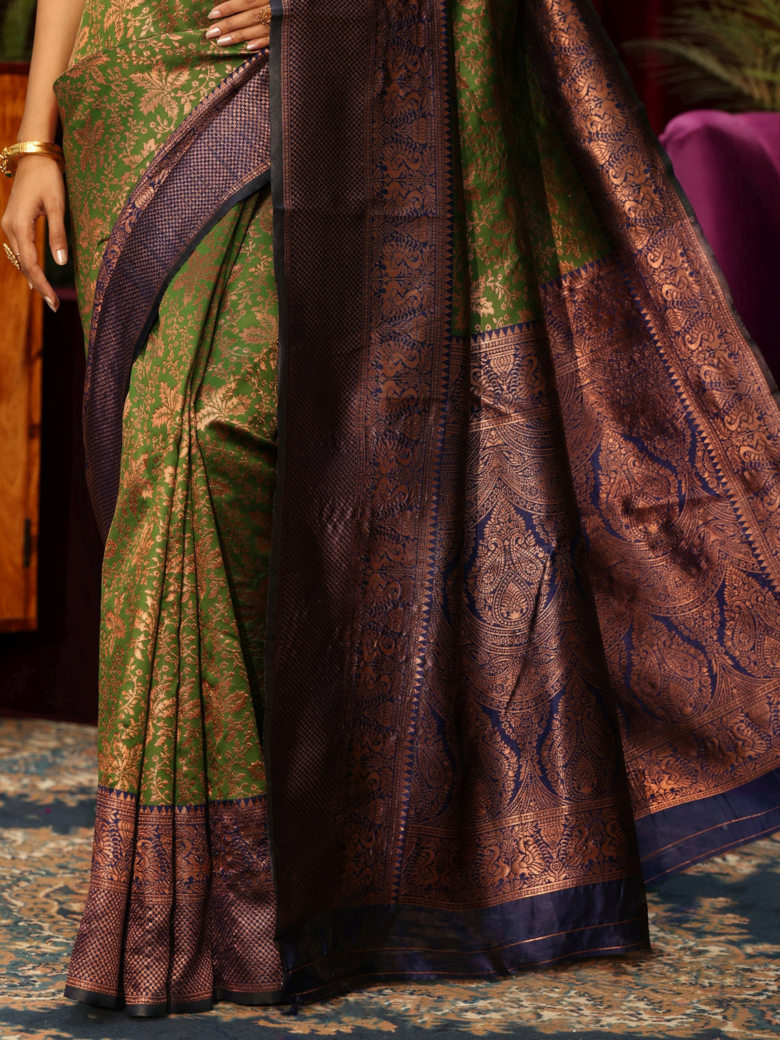 Mameraa Henna Green Floral Woven Design Silk Blend Saree