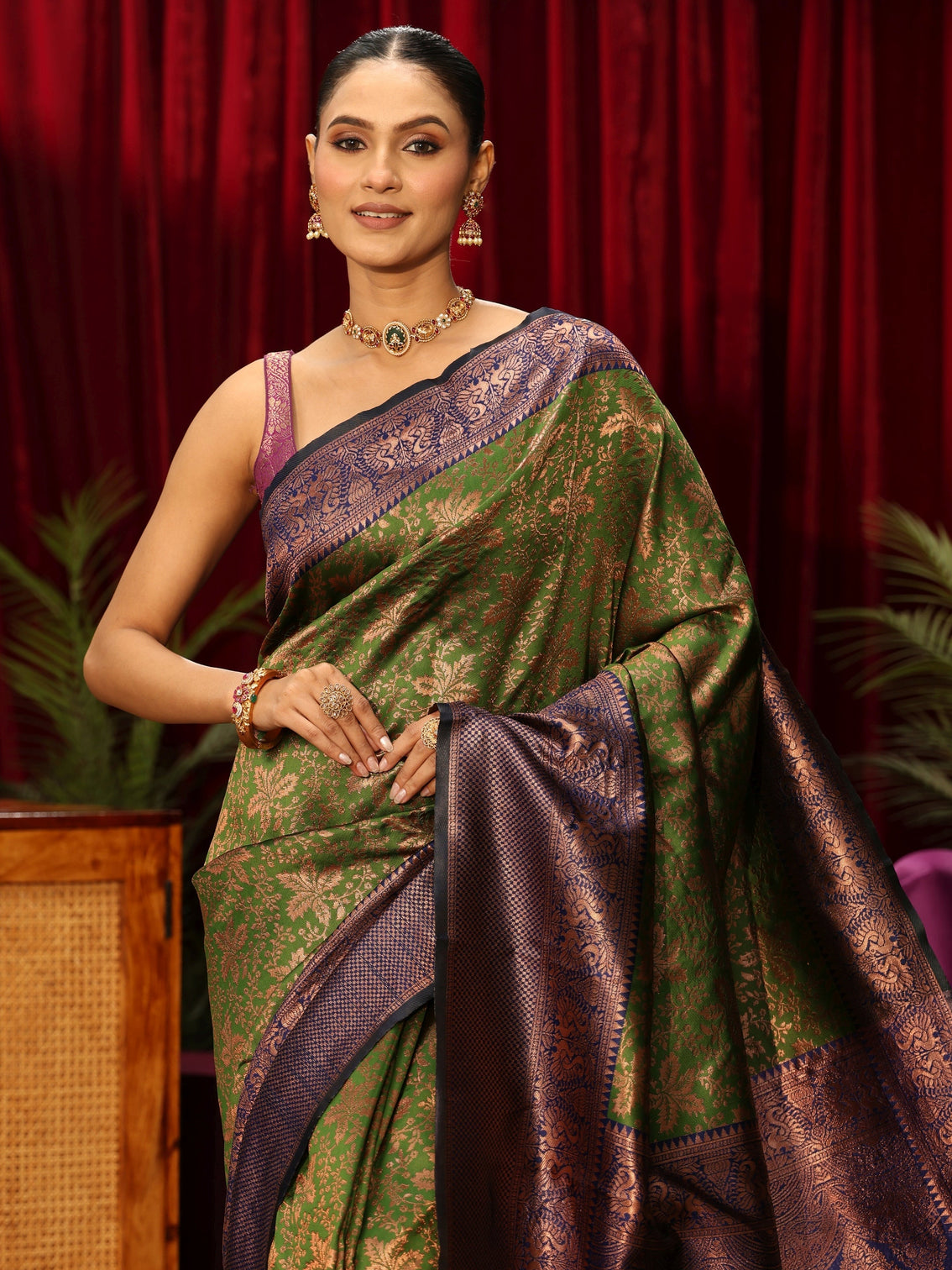 Mameraa Henna Green Floral Woven Design Silk Blend Saree