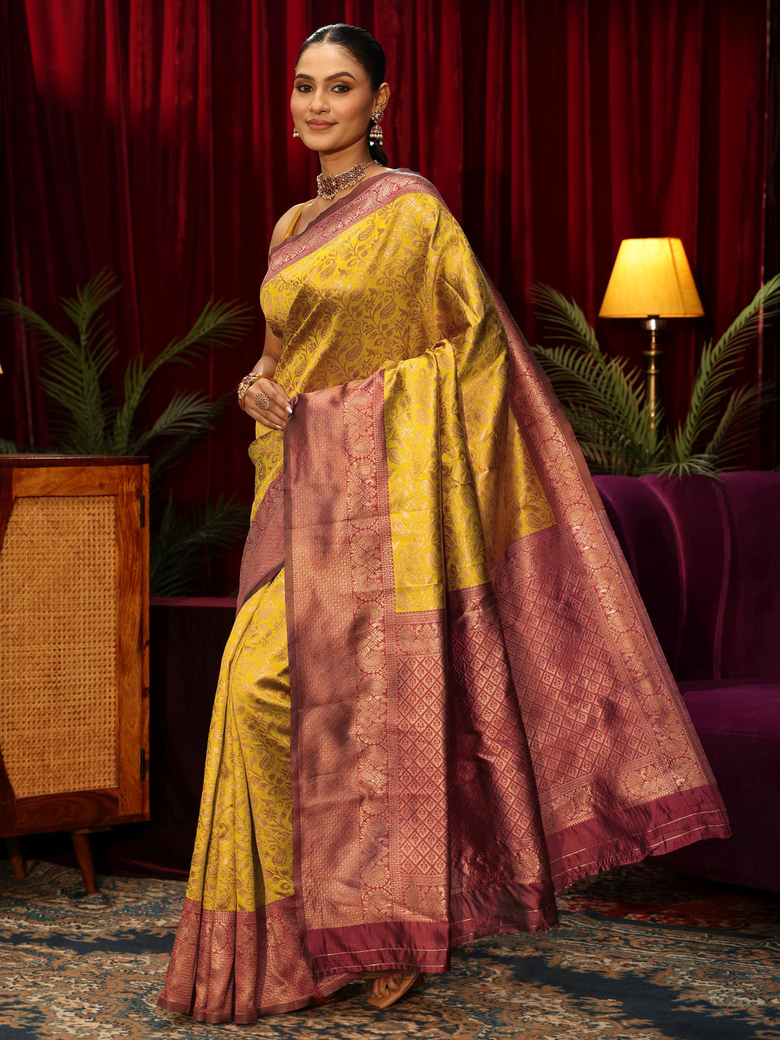 Mameraa Mustard Floral Woven Design Silk Blend Saree