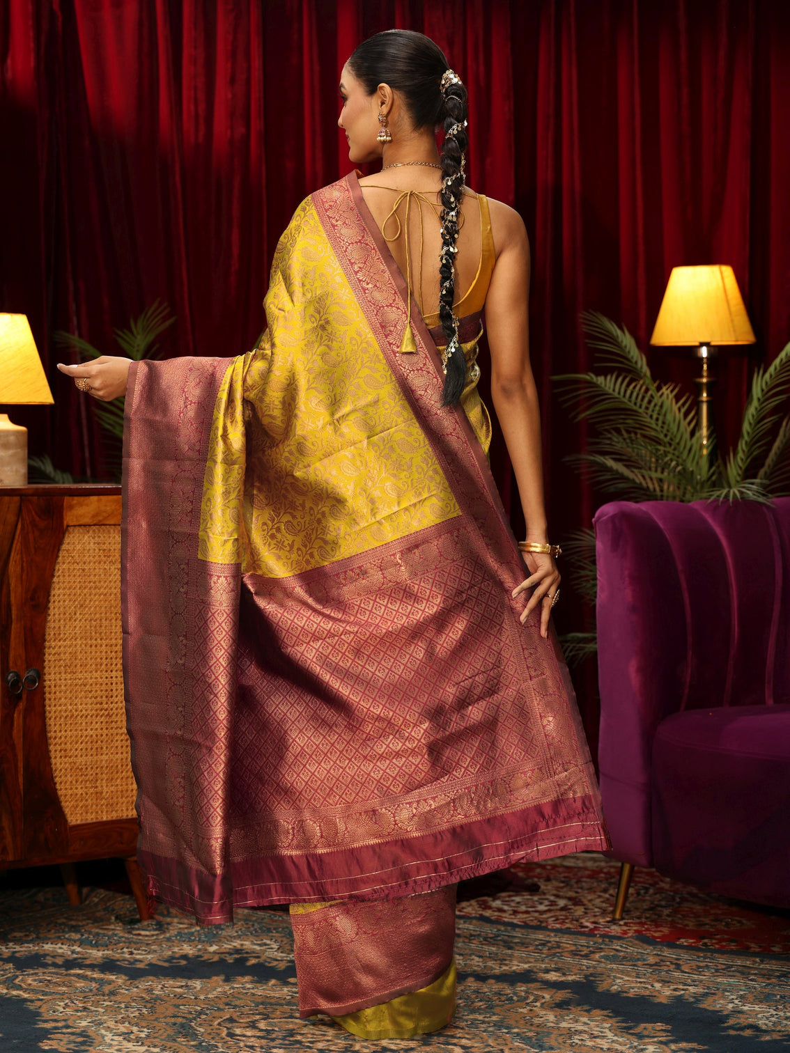 Mameraa Mustard Floral Woven Design Silk Blend Saree