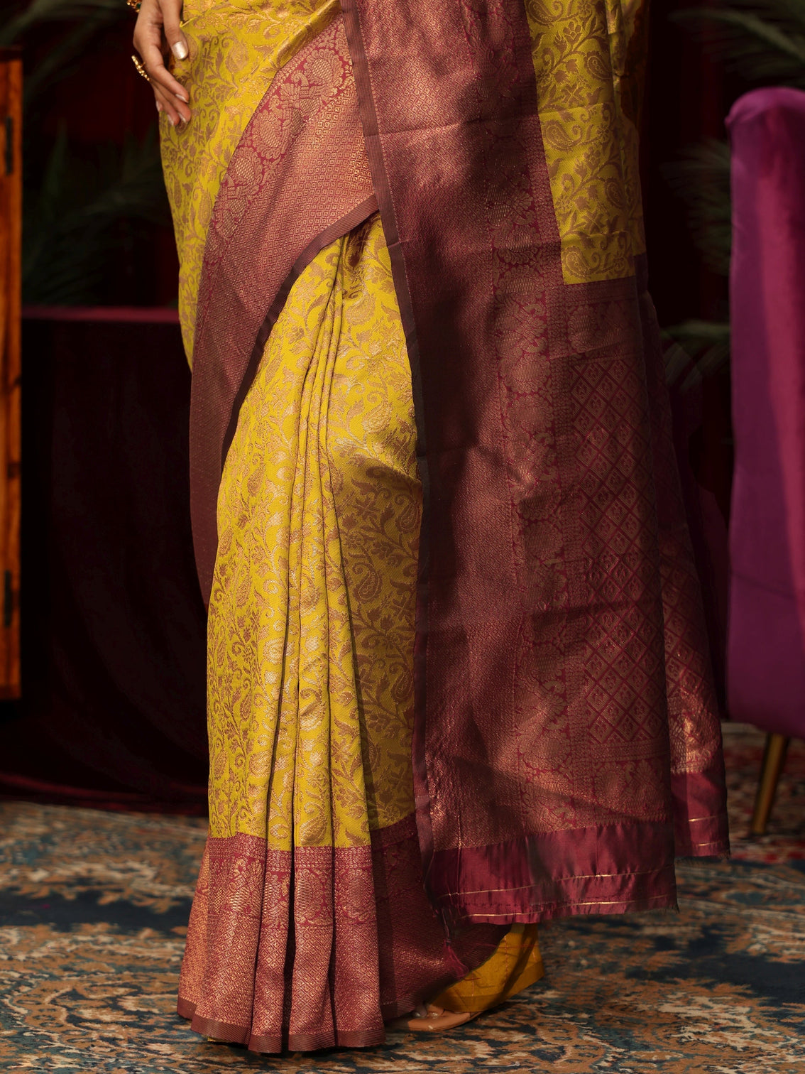 Mameraa Mustard Floral Woven Design Silk Blend Saree