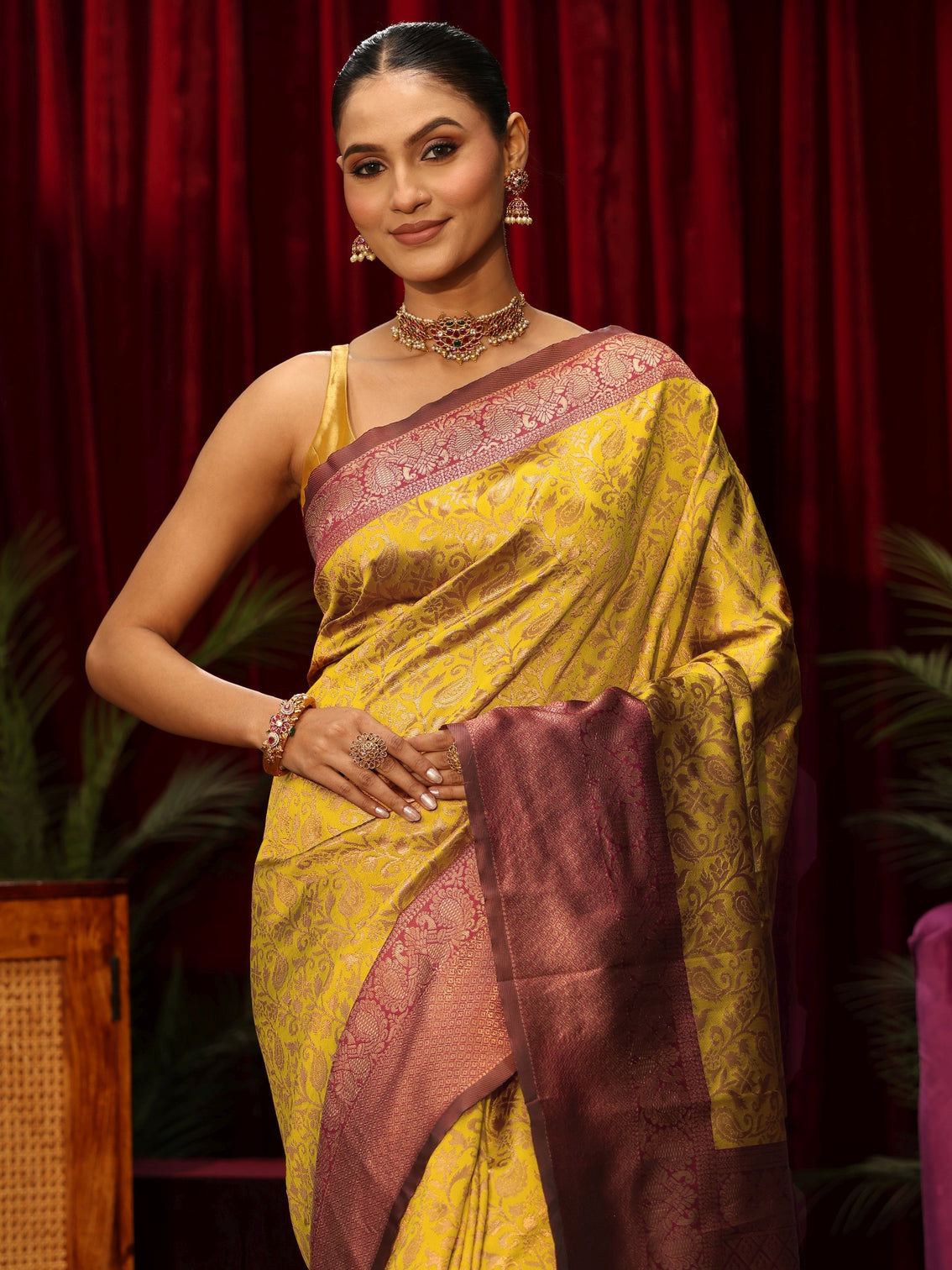 Mameraa Mustard Floral Woven Design Silk Blend Saree