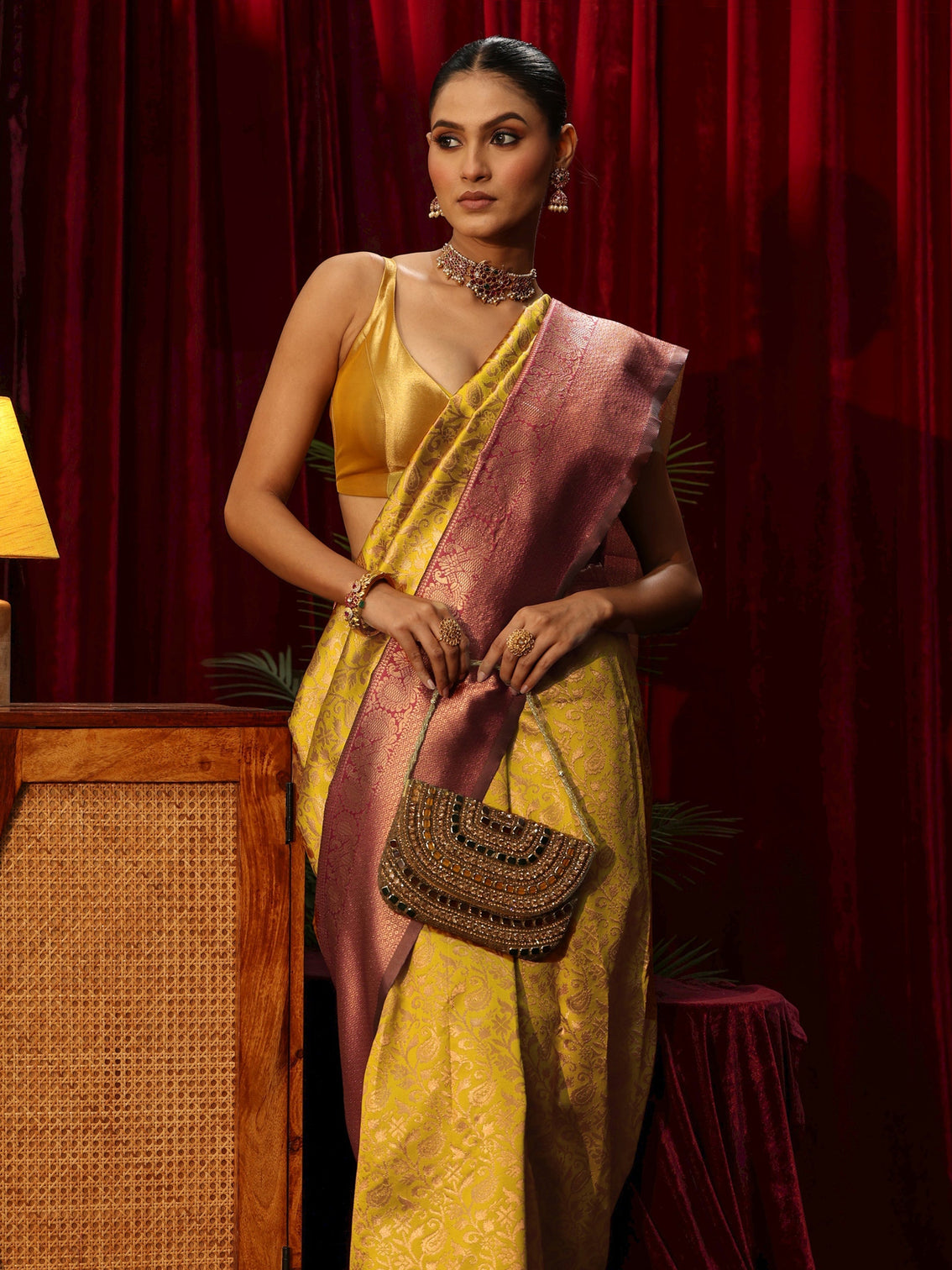 Mameraa Mustard Floral Woven Design Silk Blend Saree