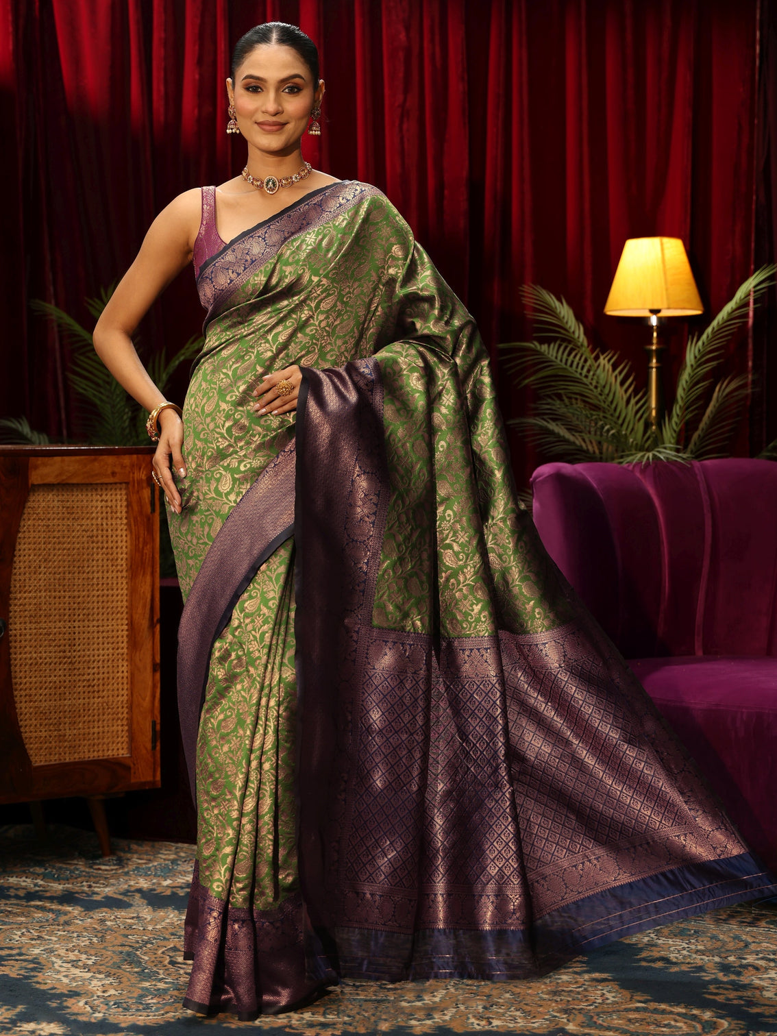 Mameraa Bottle Green Floral Woven Design Silk Blend Saree
