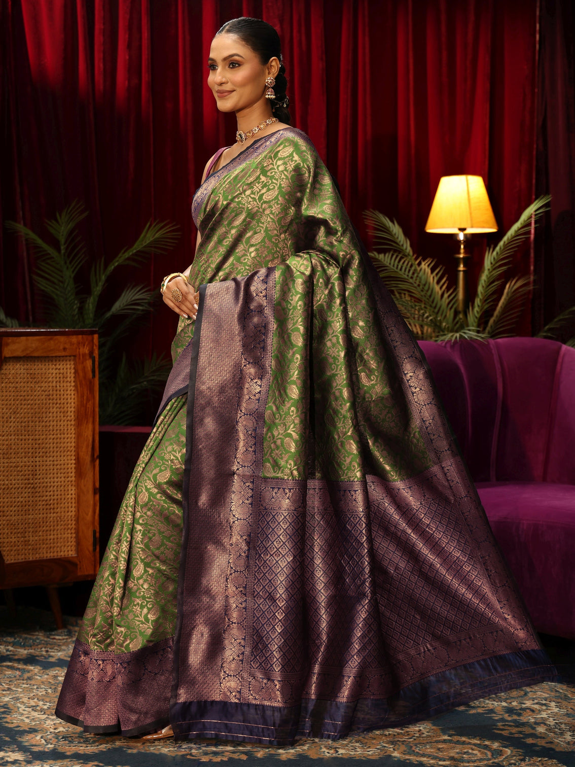 Mameraa Bottle Green Floral Woven Design Silk Blend Saree