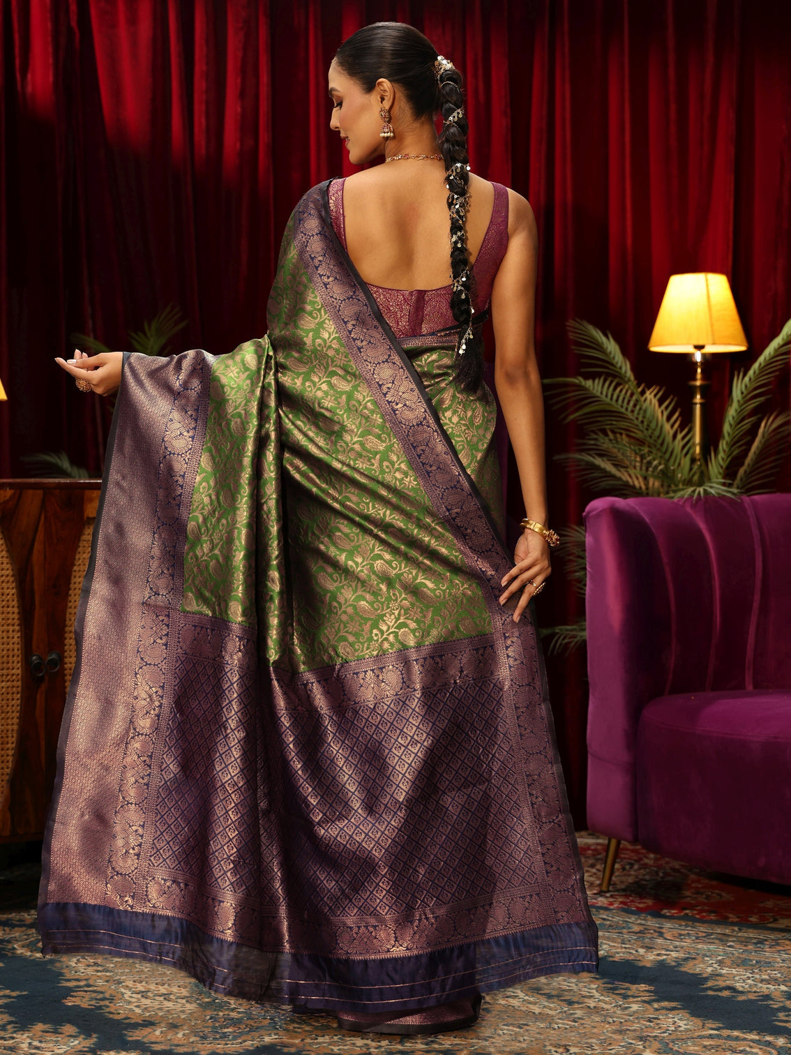 Mameraa Bottle Green Floral Woven Design Silk Blend Saree