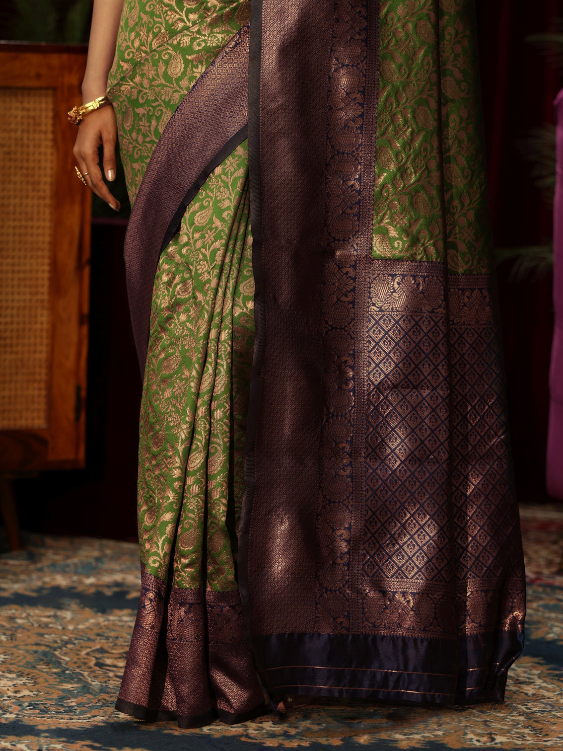 Mameraa Bottle Green Floral Woven Design Silk Blend Saree