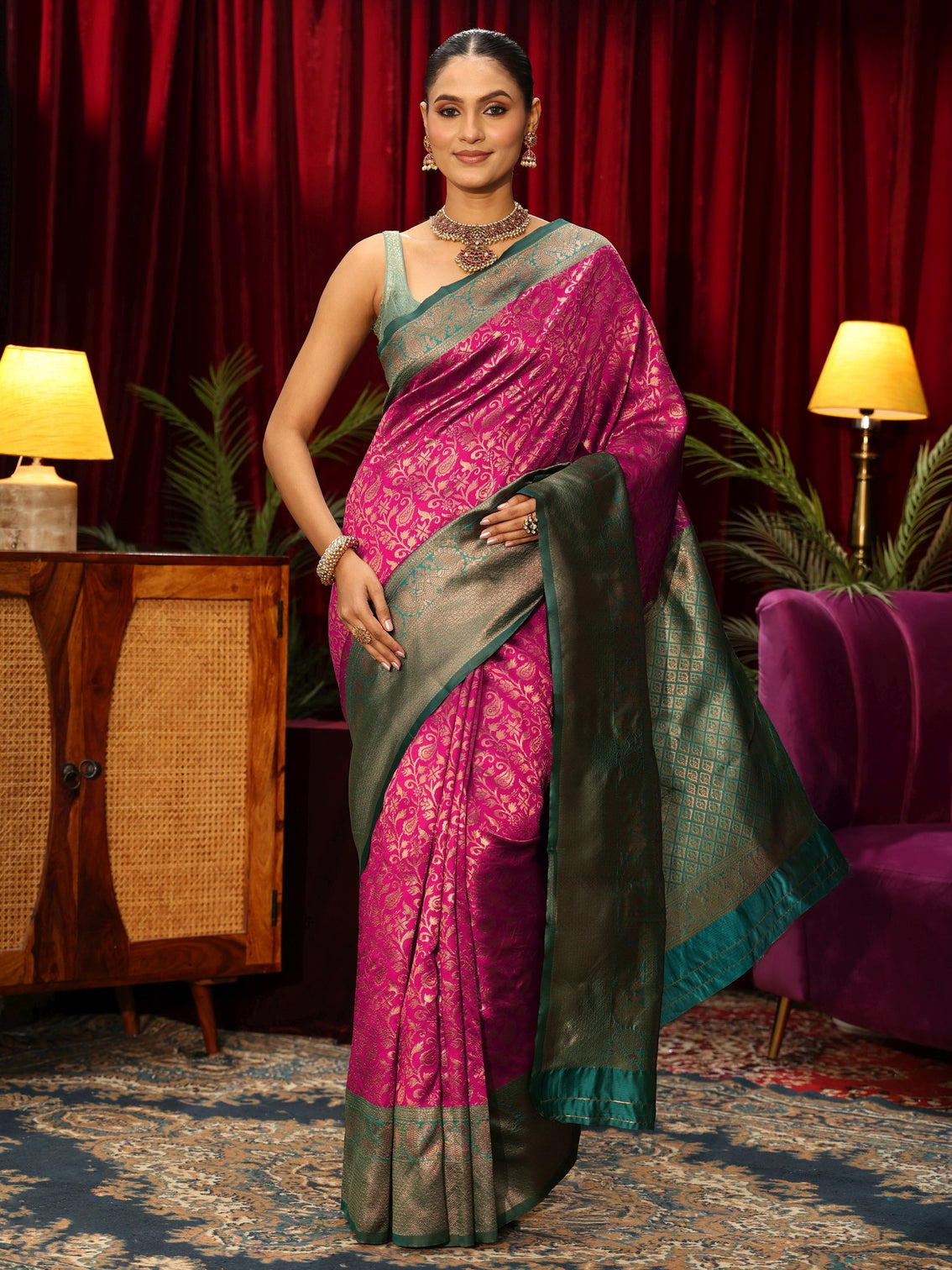 Mameraa Magenta Pink Floral Woven Design Silk Blend Saree