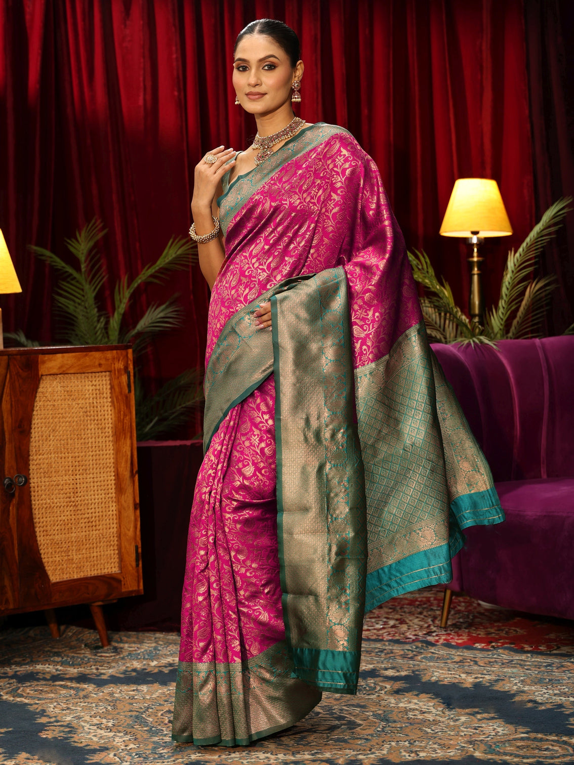 Mameraa Magenta Pink Floral Woven Design Silk Blend Saree