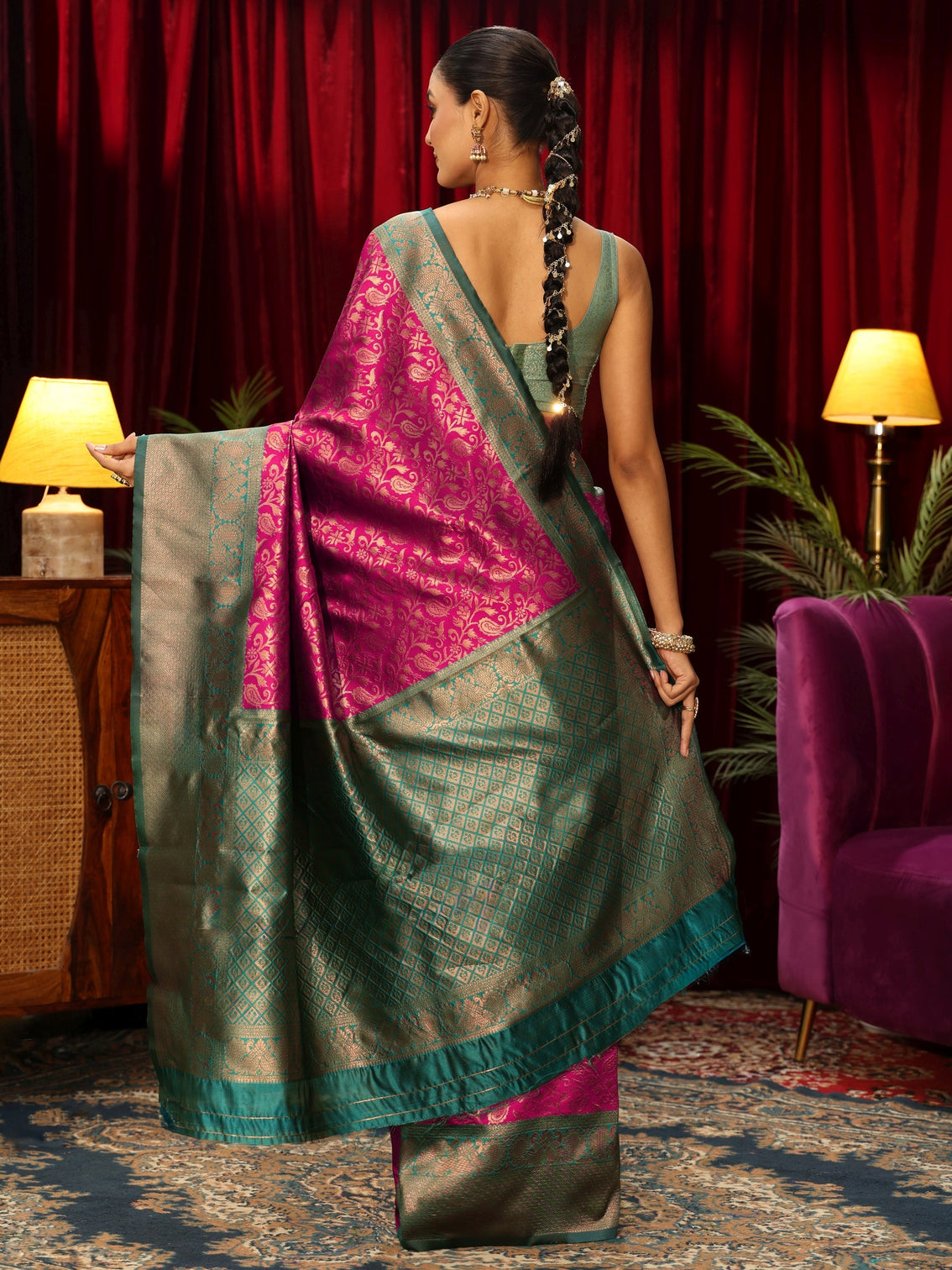 Mameraa Magenta Pink Floral Woven Design Silk Blend Saree