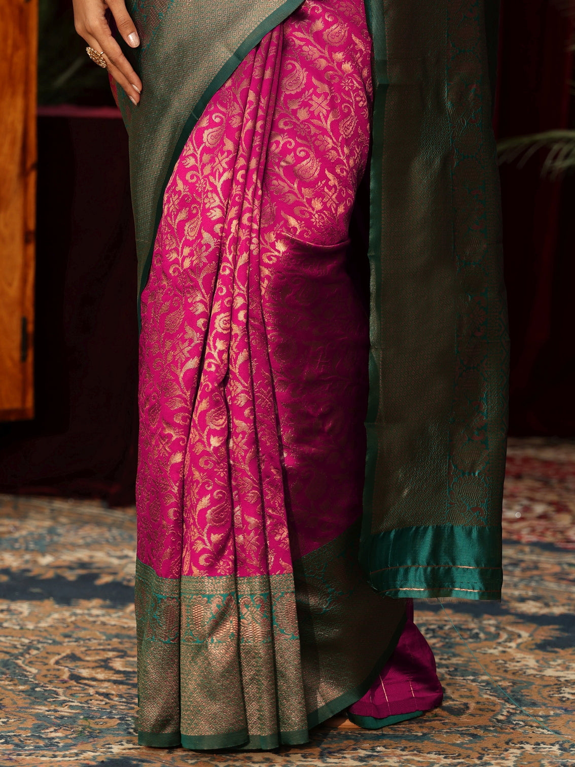 Mameraa Magenta Pink Floral Woven Design Silk Blend Saree