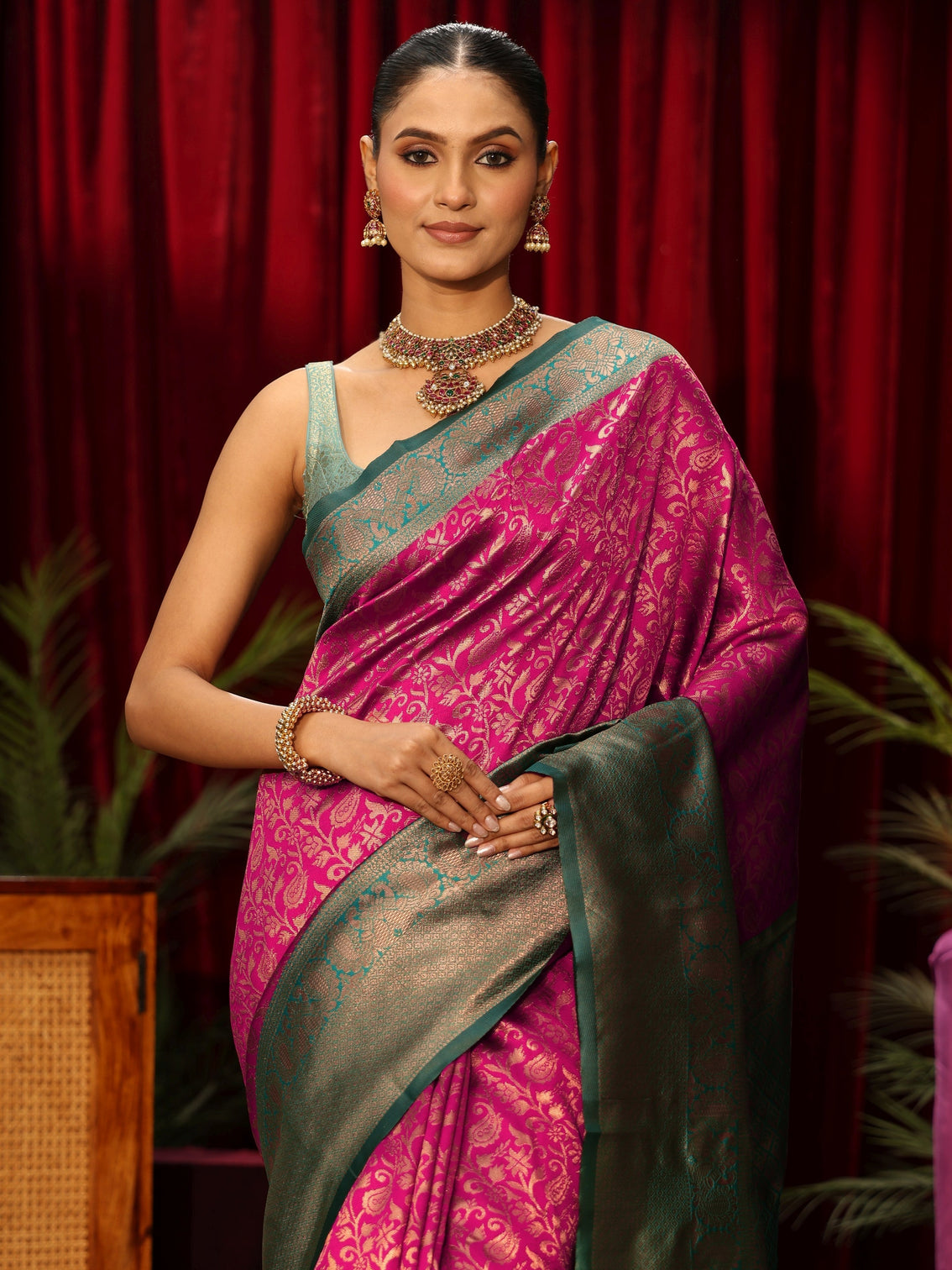 Mameraa Magenta Pink Floral Woven Design Silk Blend Saree