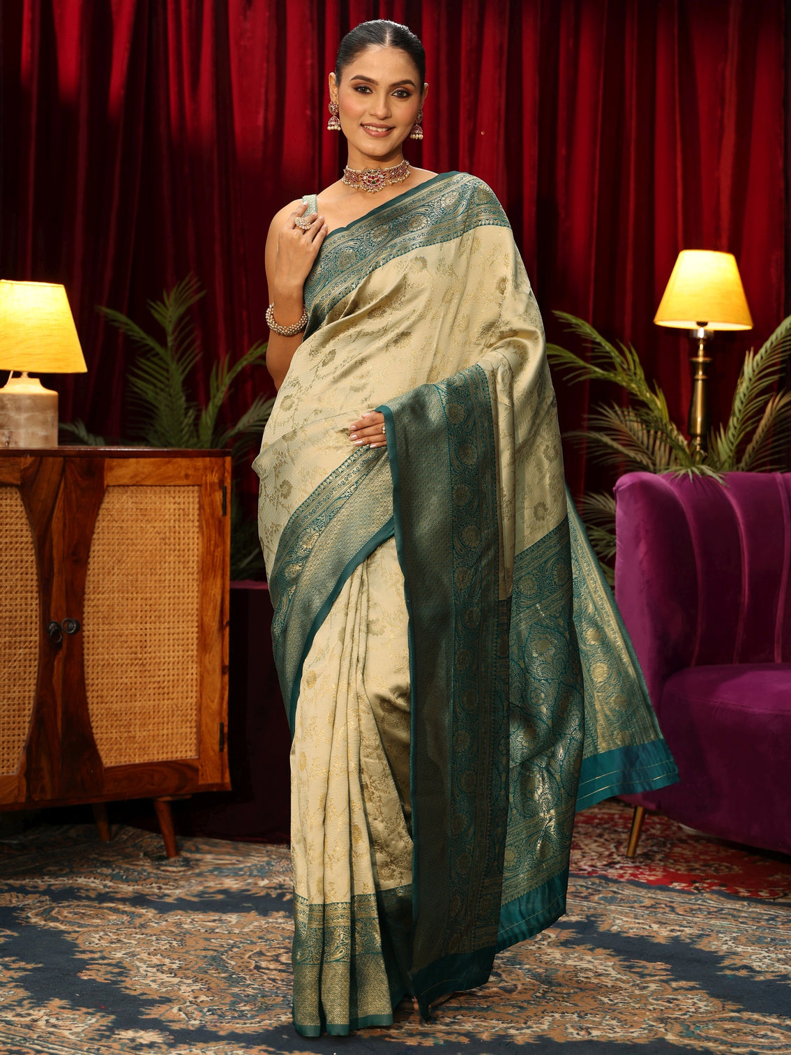 Mameraa Beige Floral Woven Design Silk Blend Saree
