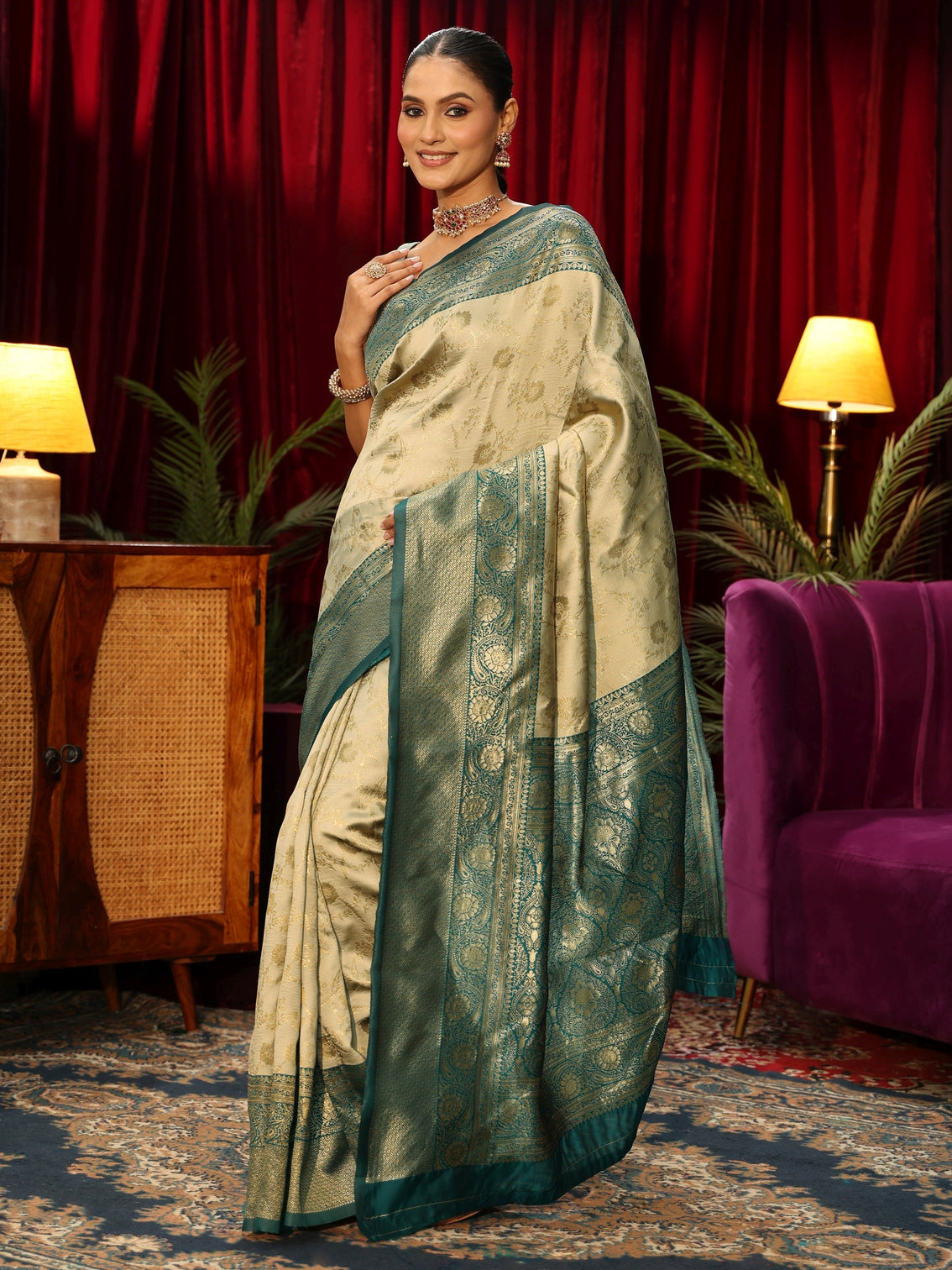 Mameraa Beige Floral Woven Design Silk Blend Saree