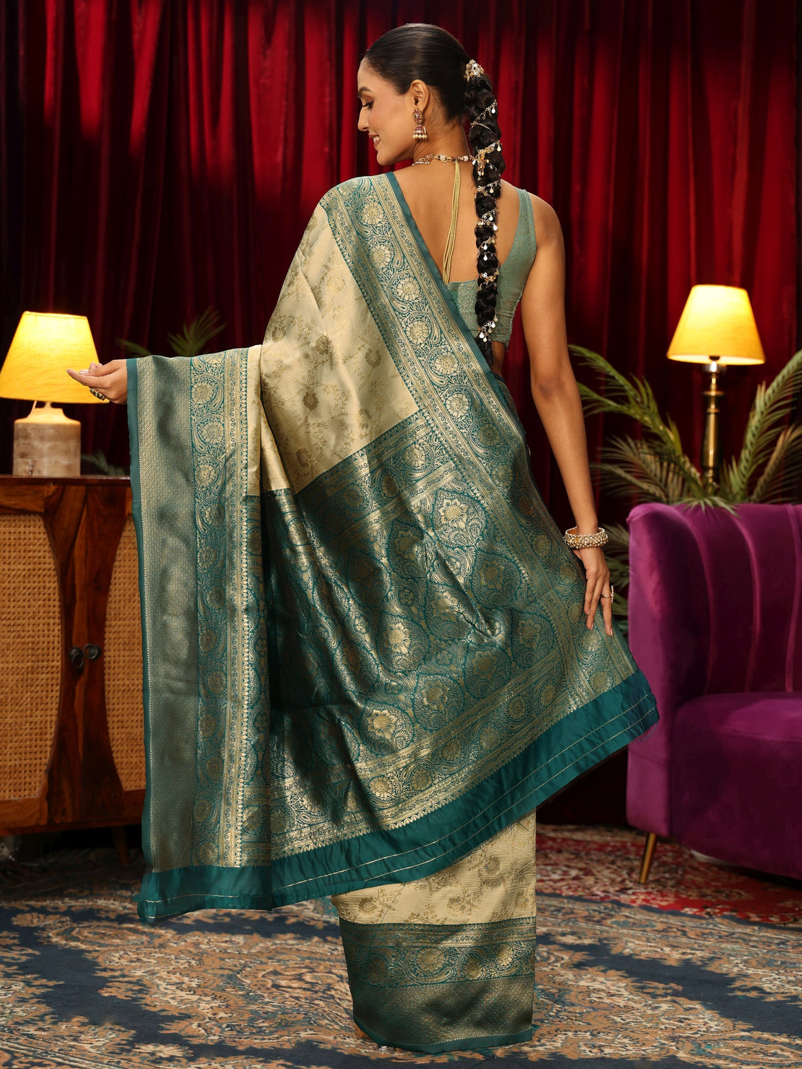Mameraa Beige Floral Woven Design Silk Blend Saree