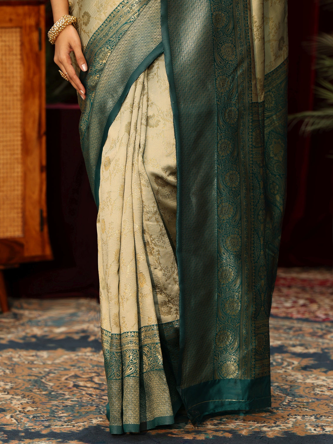 Mameraa Beige Floral Woven Design Silk Blend Saree