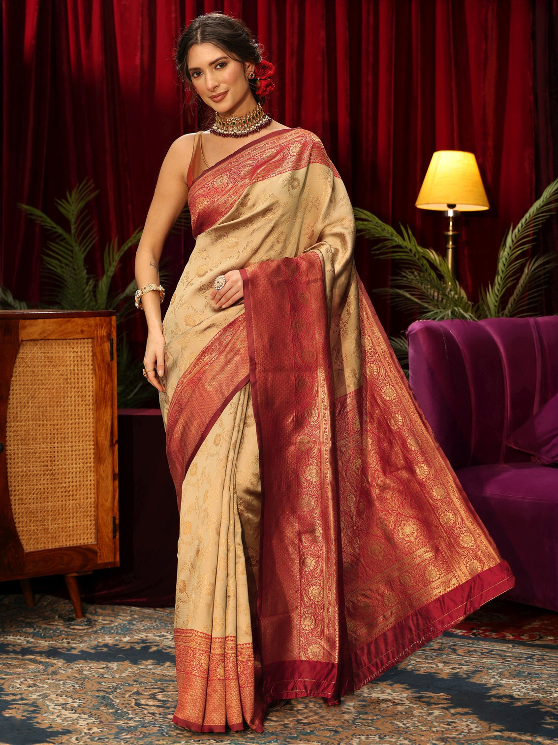 Mameraa Beige Floral Woven Design Silk Blend Saree