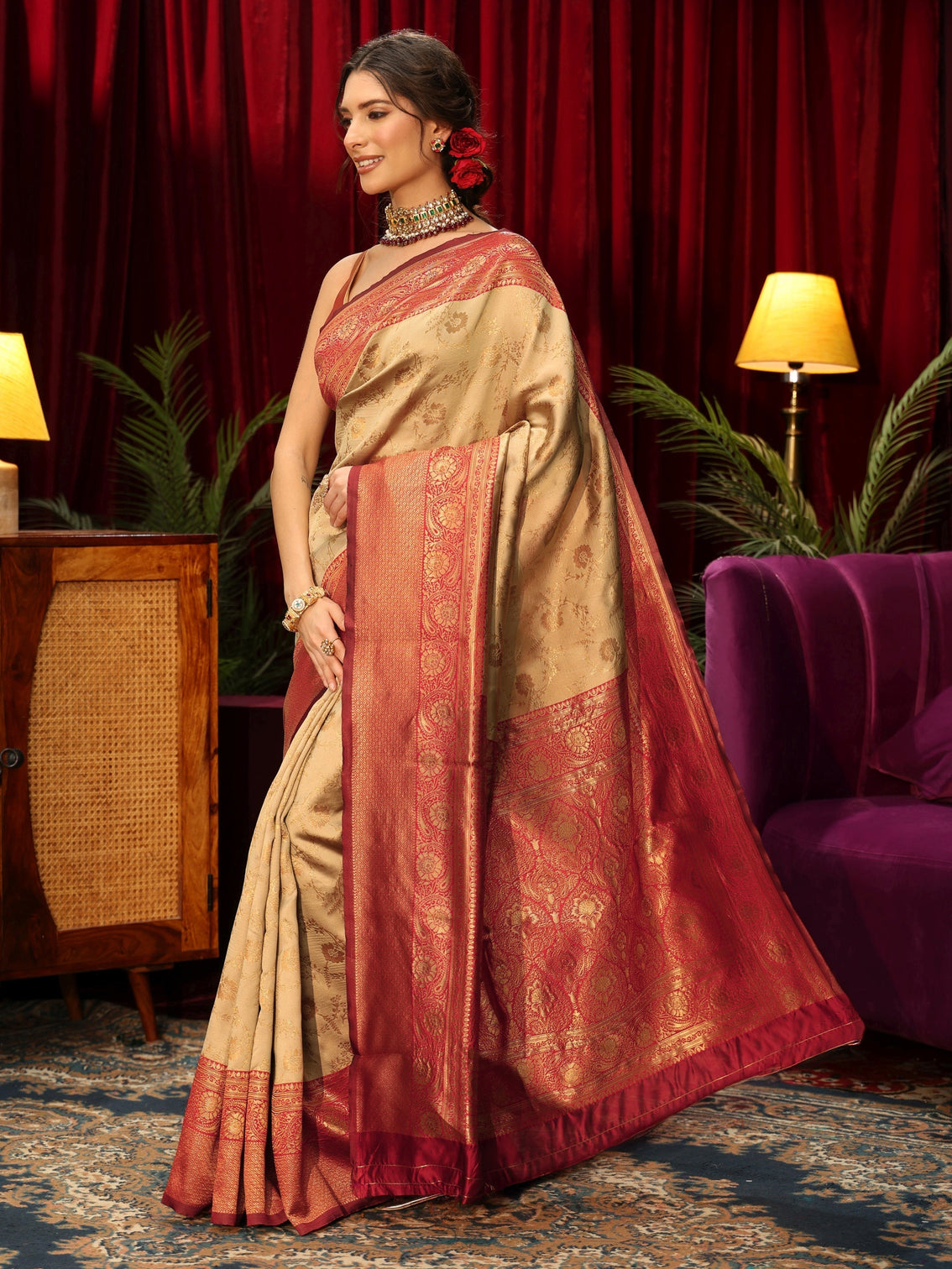 Mameraa Beige Floral Woven Design Silk Blend Saree