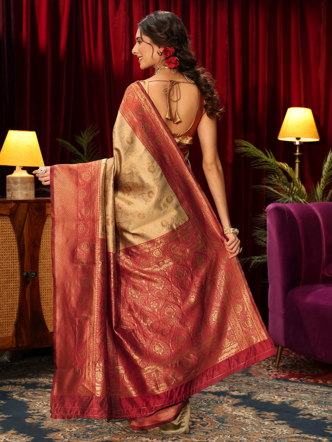 Mameraa Beige Floral Woven Design Silk Blend Saree