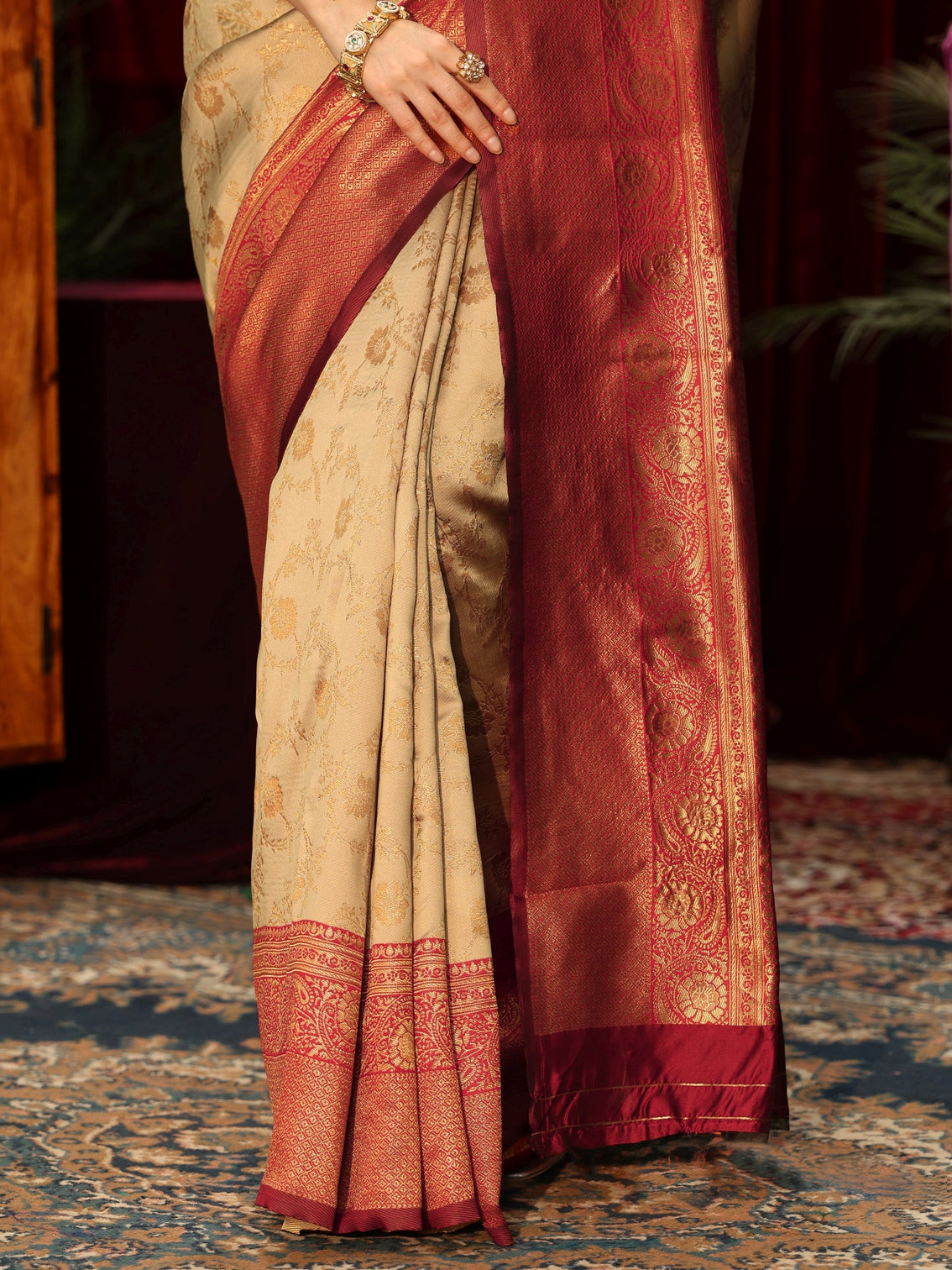 Mameraa Beige Floral Woven Design Silk Blend Saree