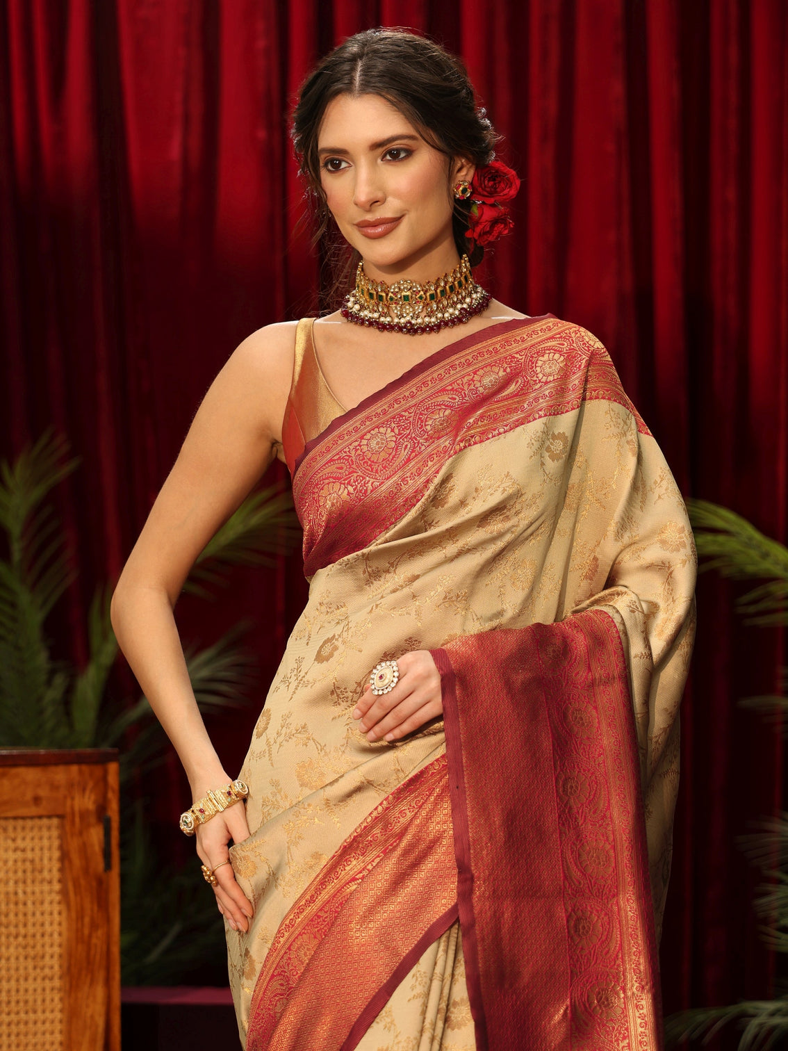 Mameraa Beige Floral Woven Design Silk Blend Saree