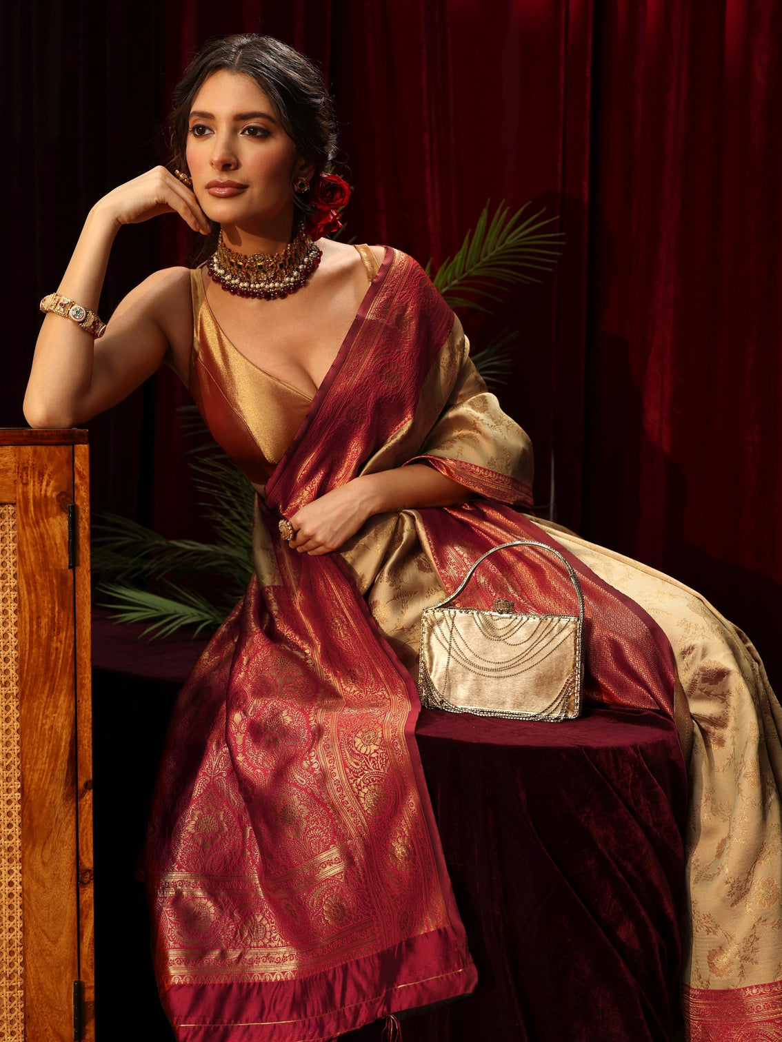 Mameraa Beige Floral Woven Design Silk Blend Saree