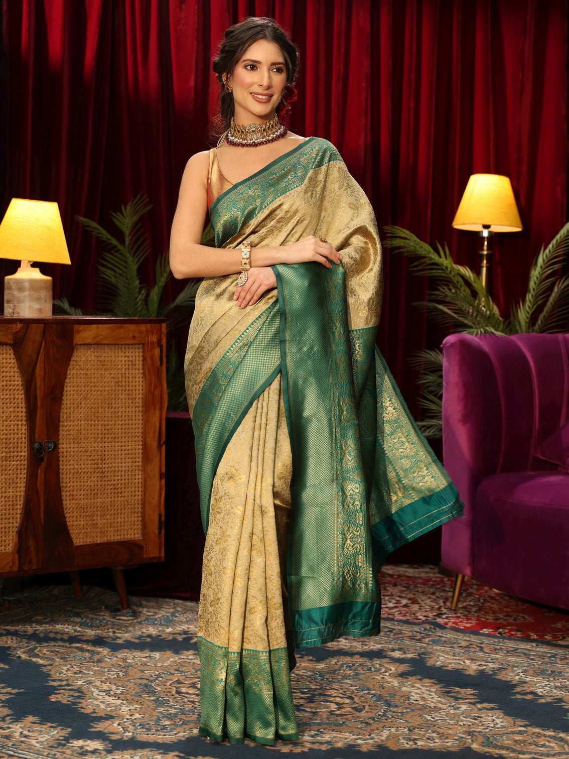 Mameraa Beige Floral Woven Design Silk Blend Saree